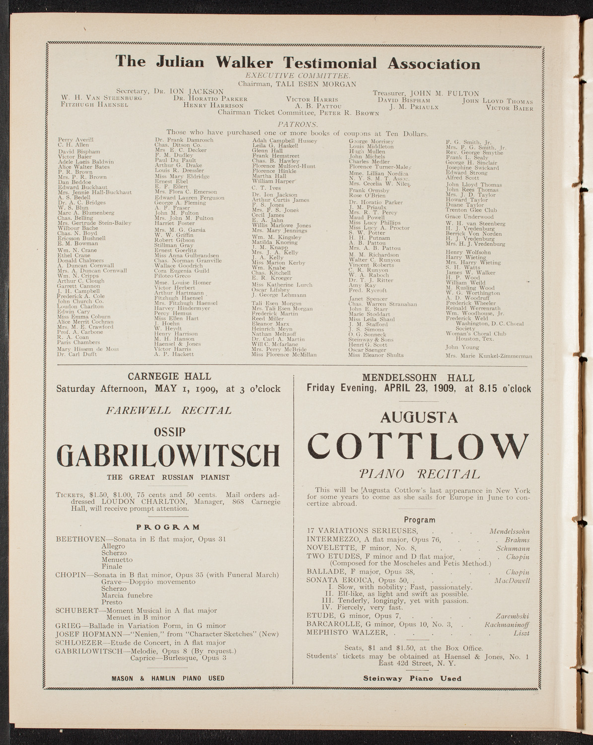 Testimonial Concert to Julian Walker, April 22, 1909, program page 10