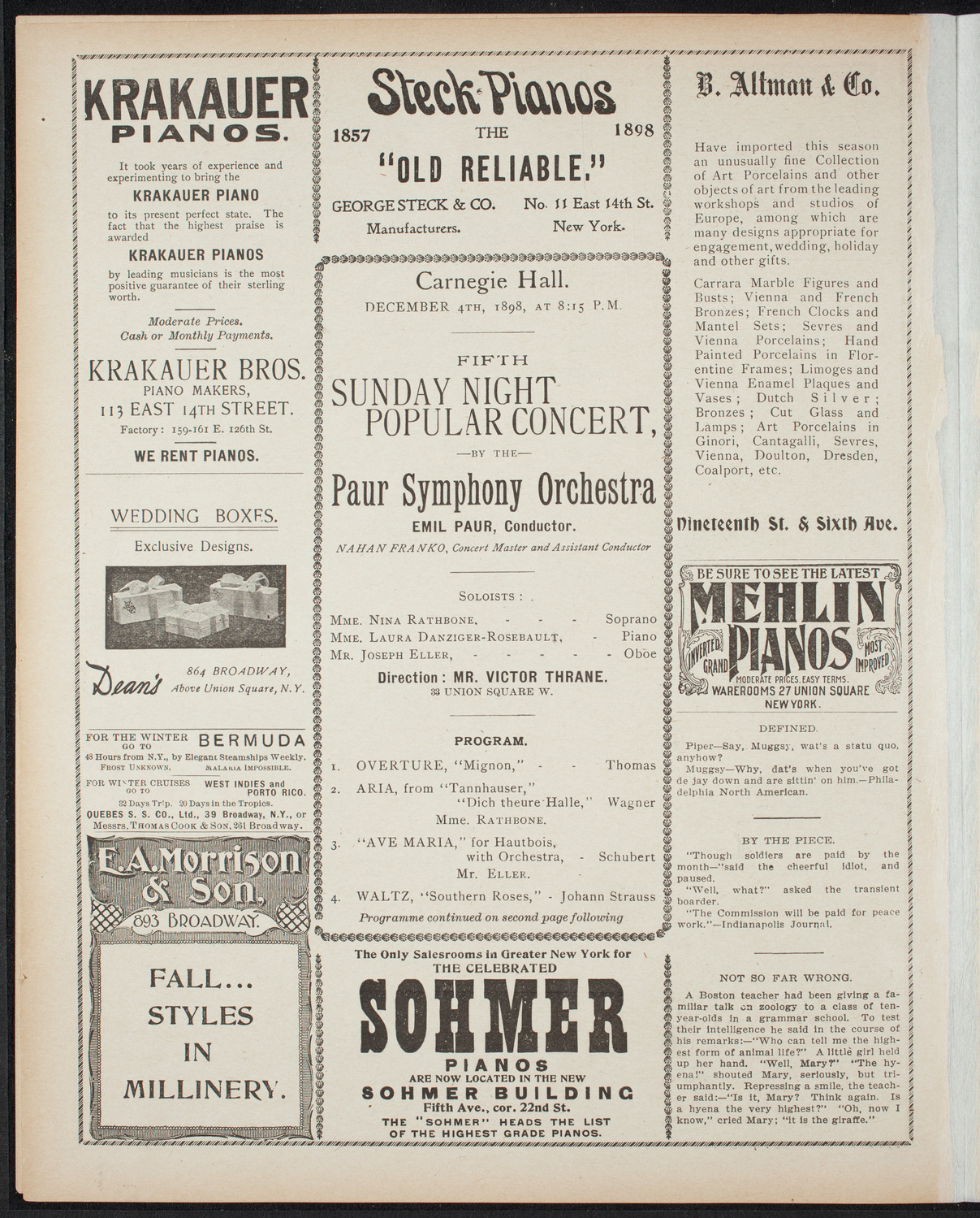 Paur Symphony Orchestra - Sunday Night Popular Concert, December 4, 1898, program page 4