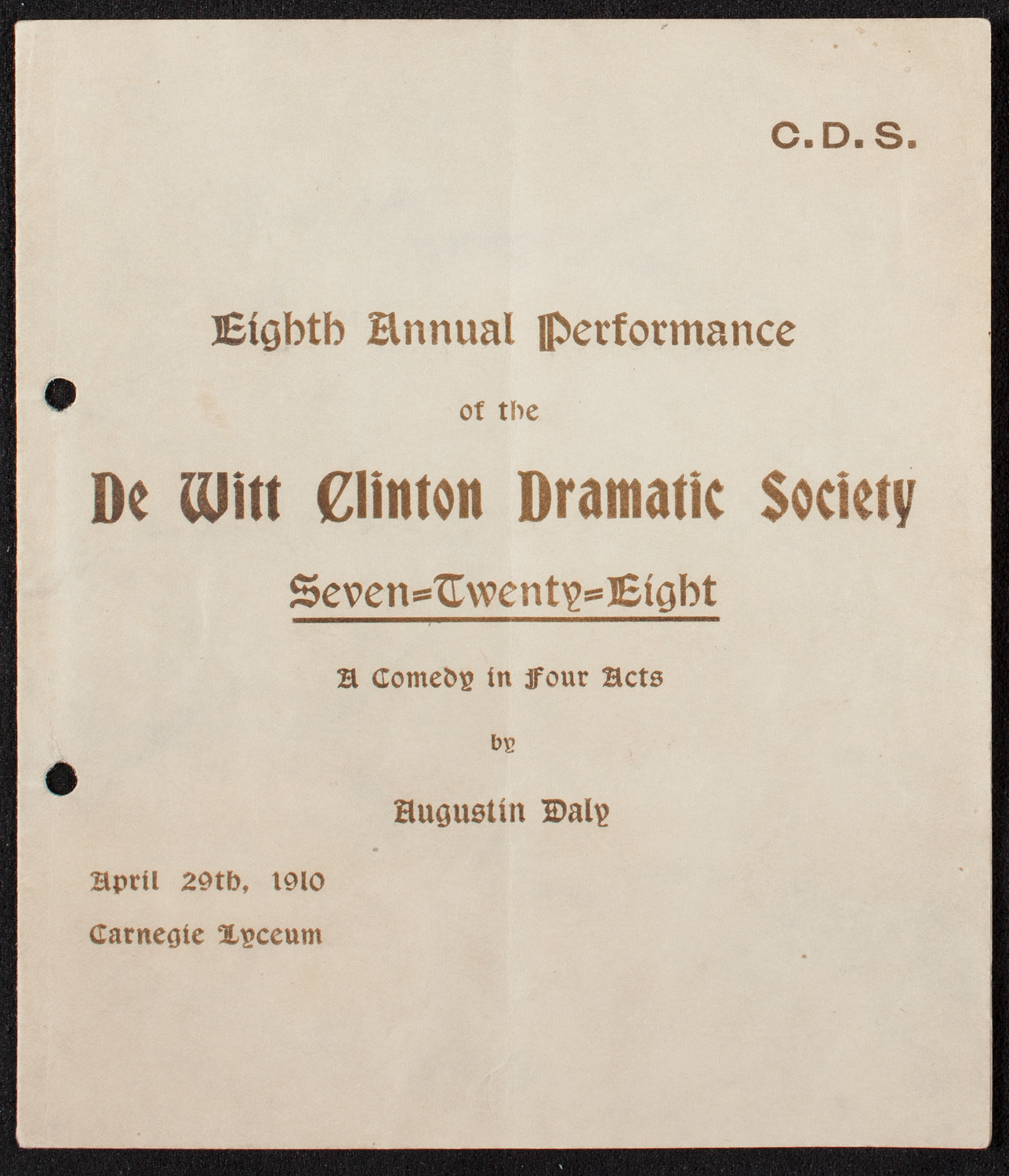 De Witt Clinton Dramatic Society, April 29, 1910, program page 1