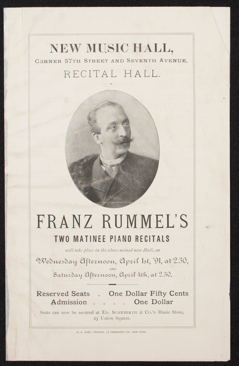 Franz Rummel, Piano, April 1, 1891, program page 1