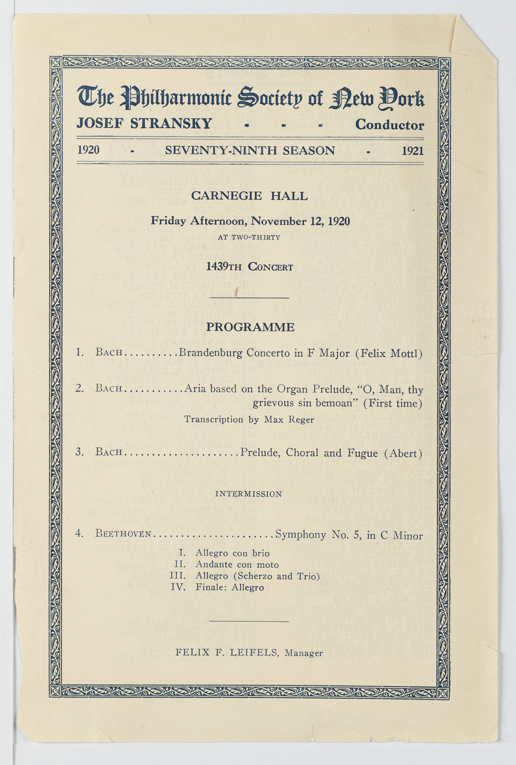 New York Philharmonic, November 12, 1920