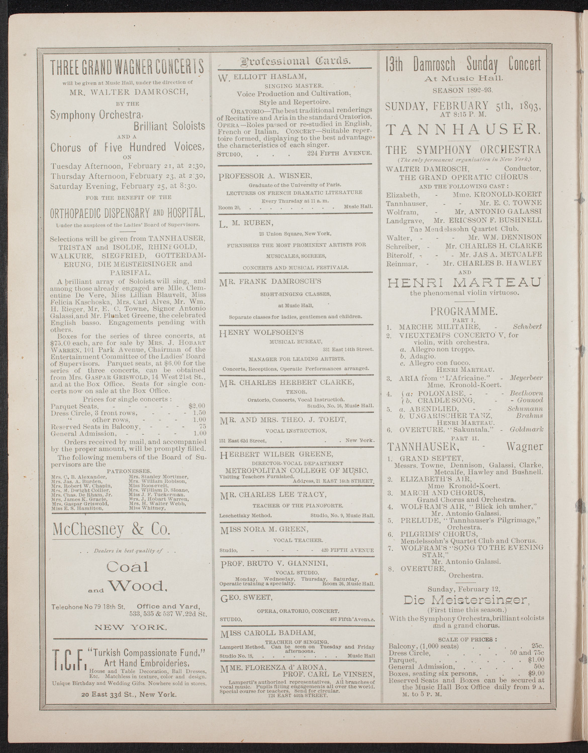 New York Symphony Orchestra, February 3, 1893, program page 2
