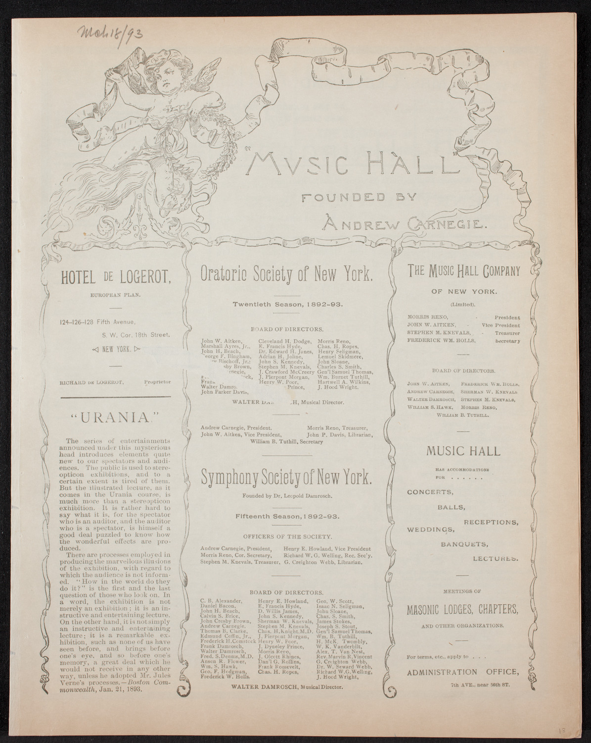 Oratorio Society of New York, March 18, 1893, program page 1