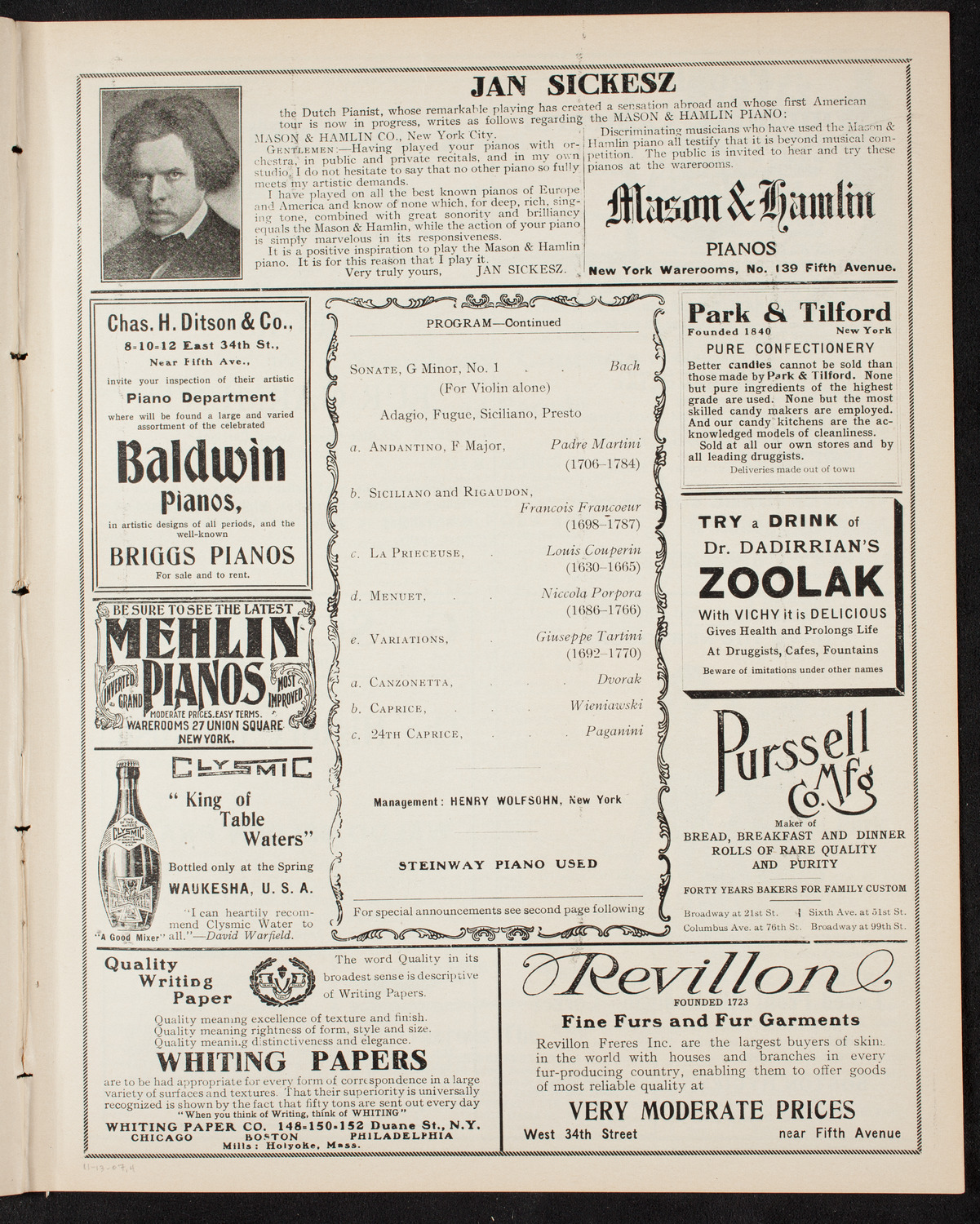 Fritz Kreisler, Violin, November 13, 1907, program page 7