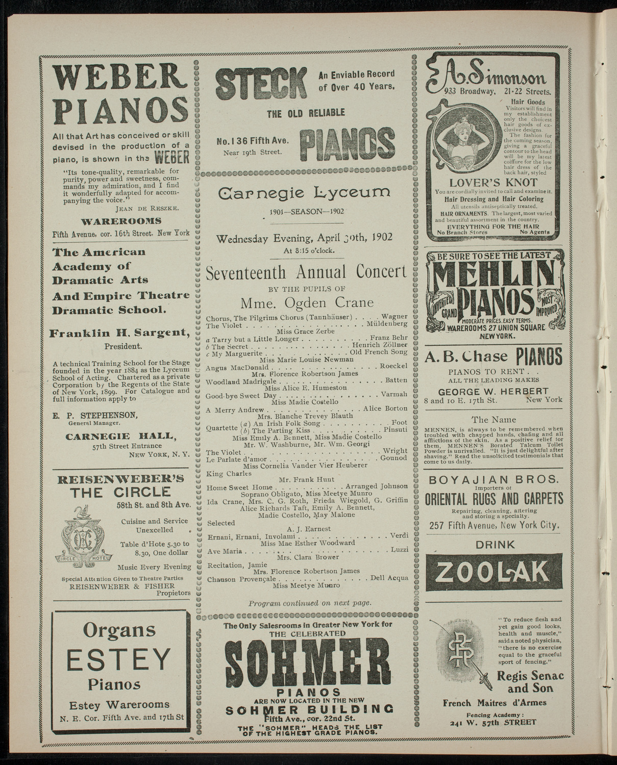 Seventeenth Annual Concert by the Pupils of Mme. Ogden Crane, April 30, 1902, program page 2