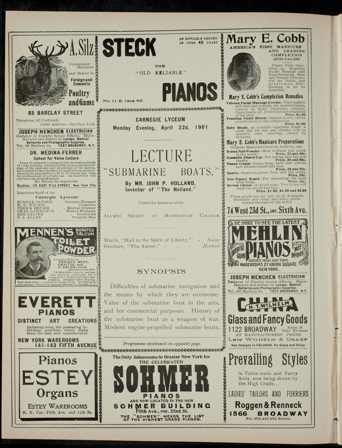Lecture by Mr. John P. Holland, April 22, 1901, program page 2