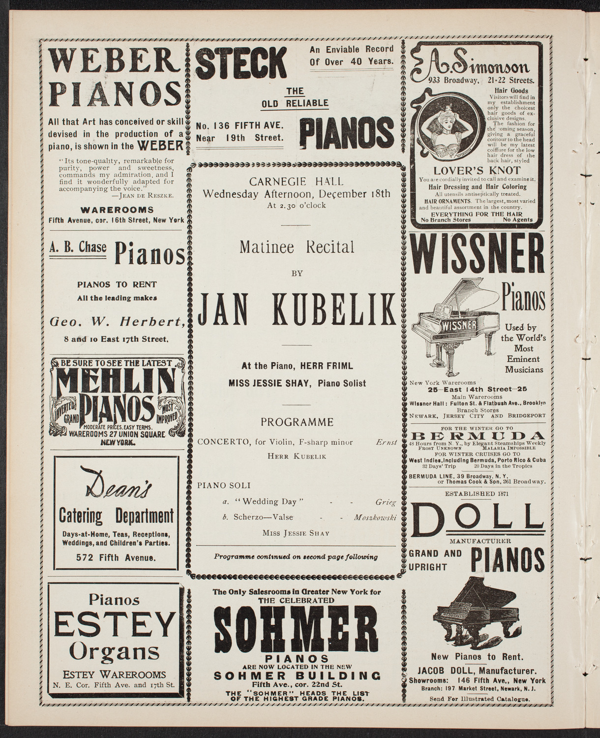 Jan Kubelik, Violin, with Jessie Shay, Piano, December 18, 1901, program page 6
