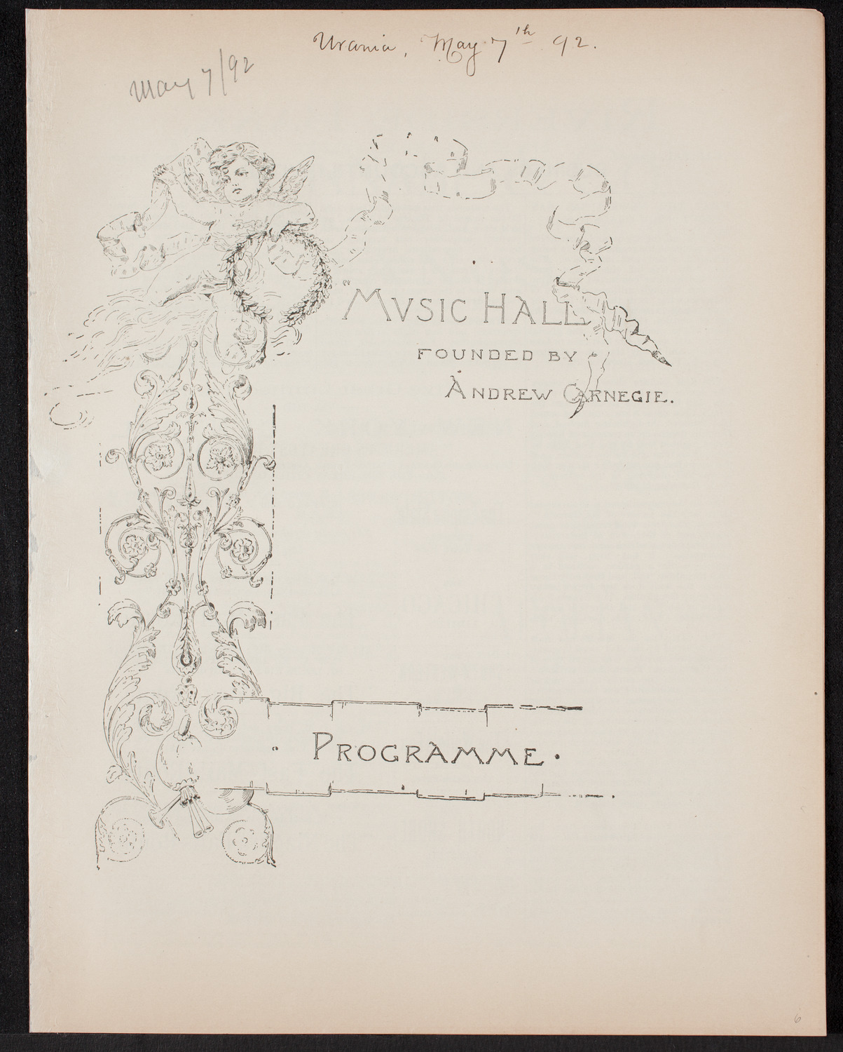 Urania Scientific Theatre, May 7, 1892, program page 1