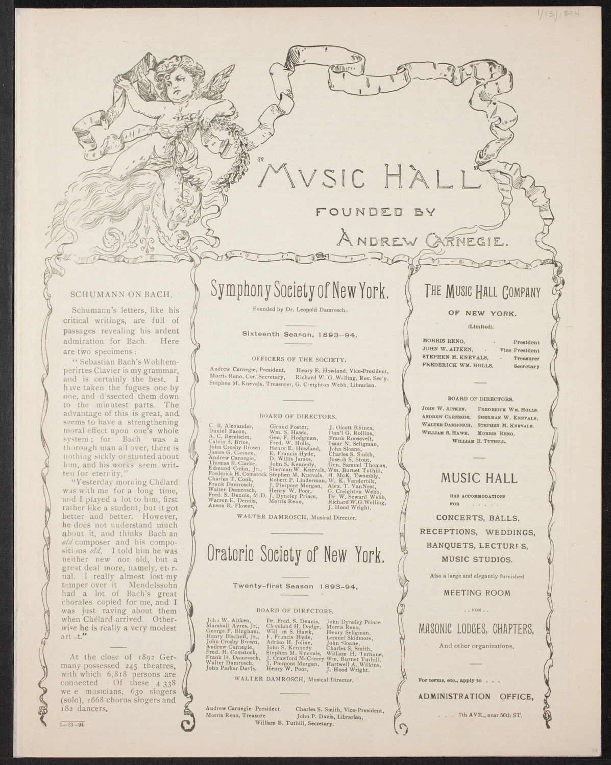New York Philharmonic, January 13, 1894, program page 1