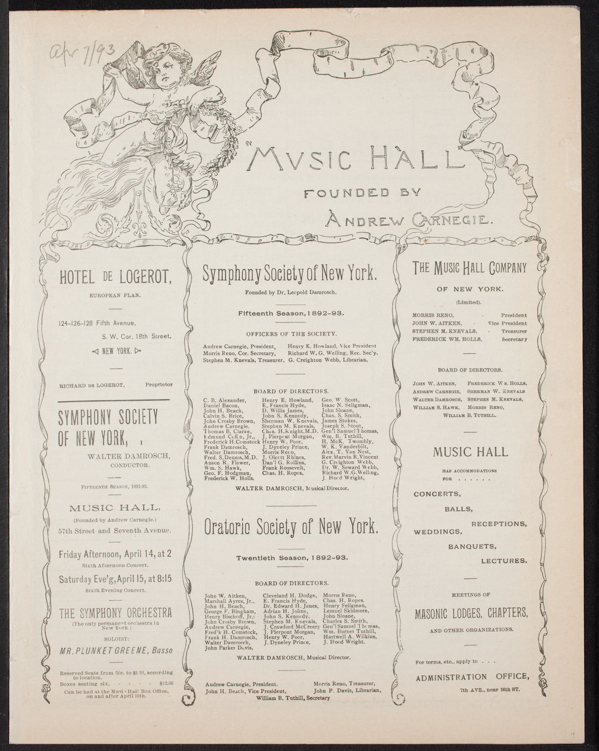 Grand Wagner Concert/ Benefit: Italian Mission, Church of San Salvatore, April 7, 1893, program page 1