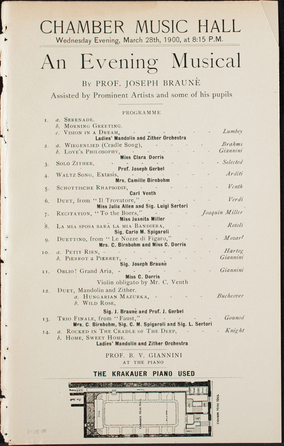 Evening Musical by Prof. Joseph Braune and Others, March 28, 1900, program page 1