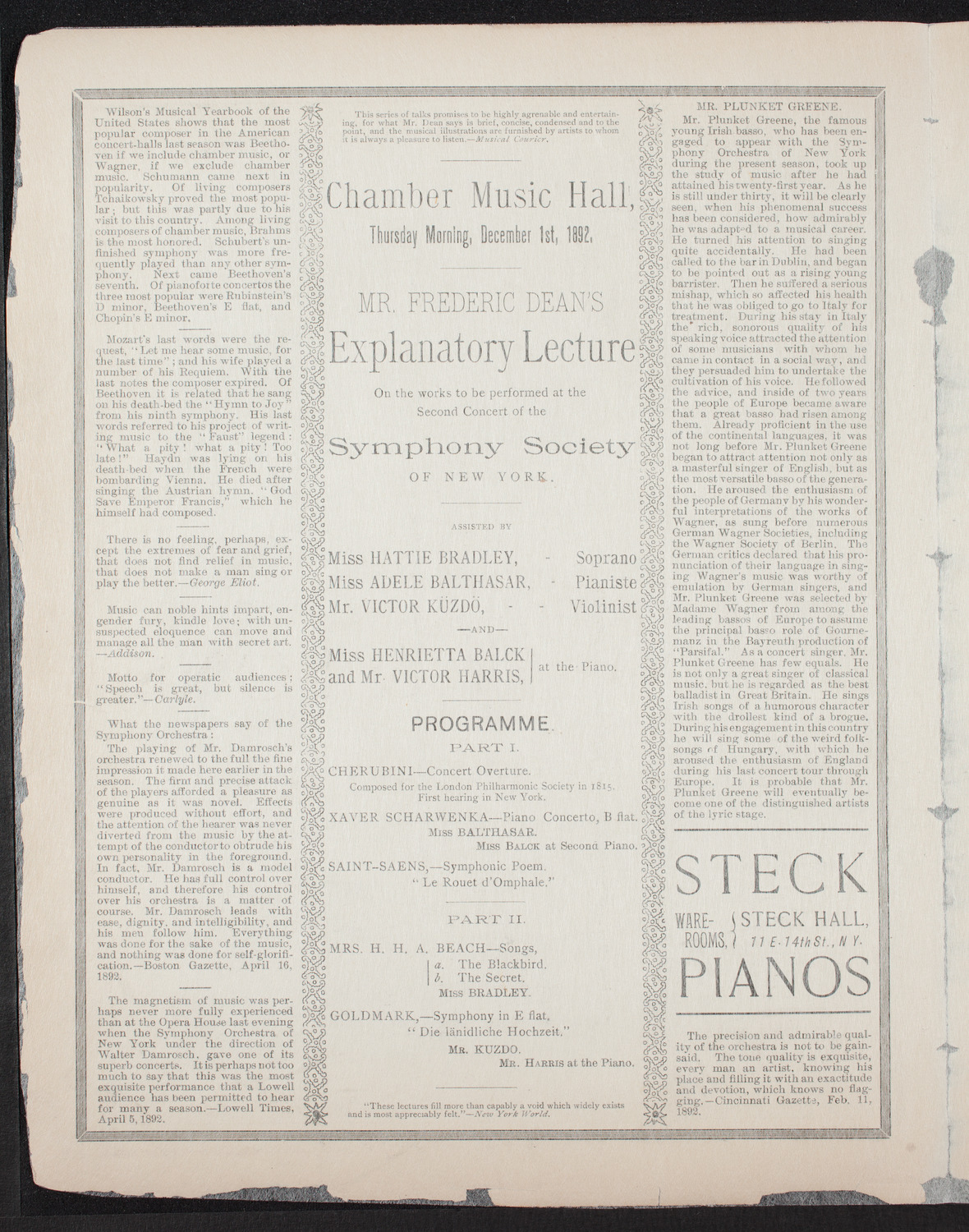 Frederic Dean Explanatory Lecture, December 1, 1892, program page 2