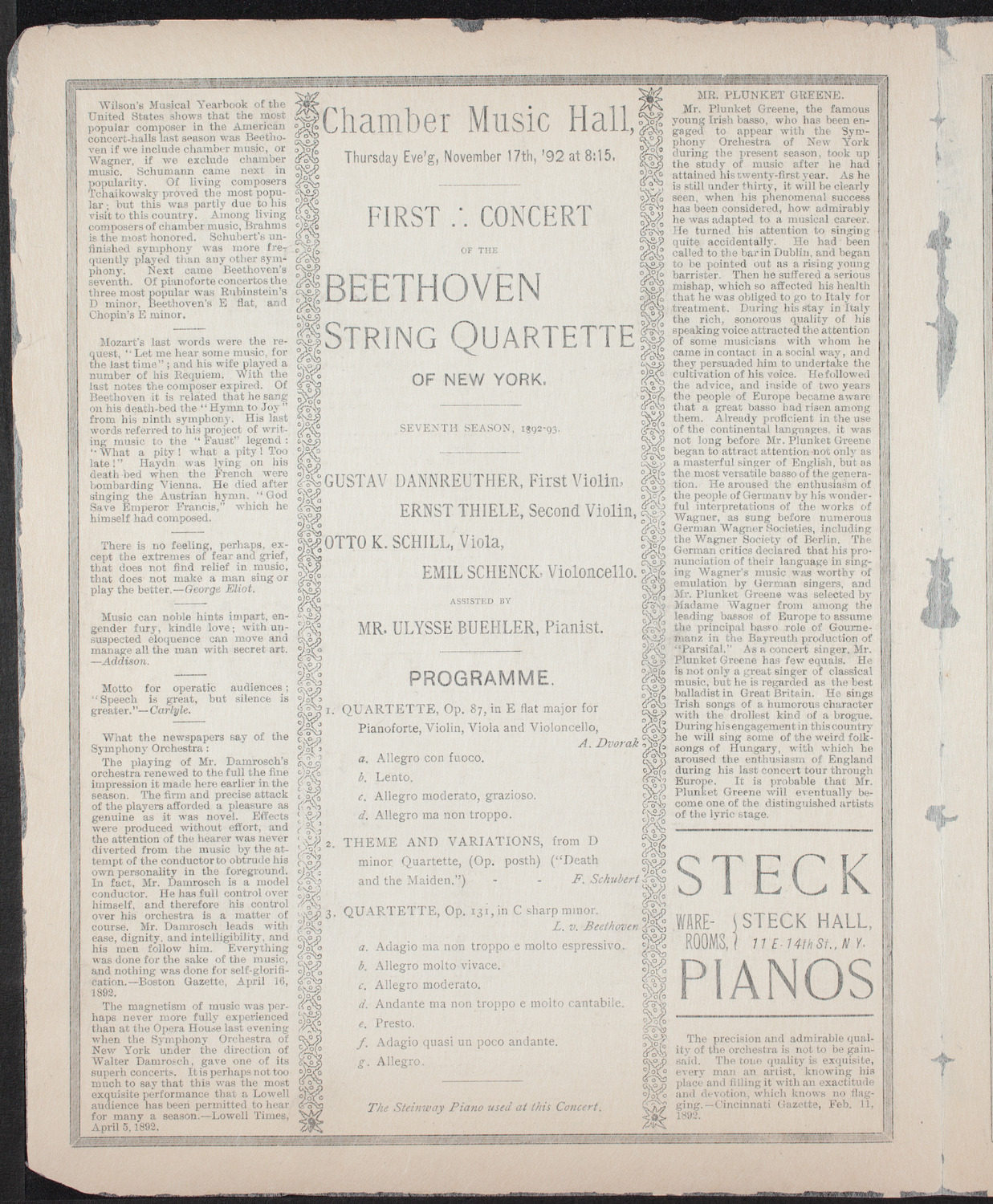 Beethoven String Quartet, November 17, 1892, program page 2