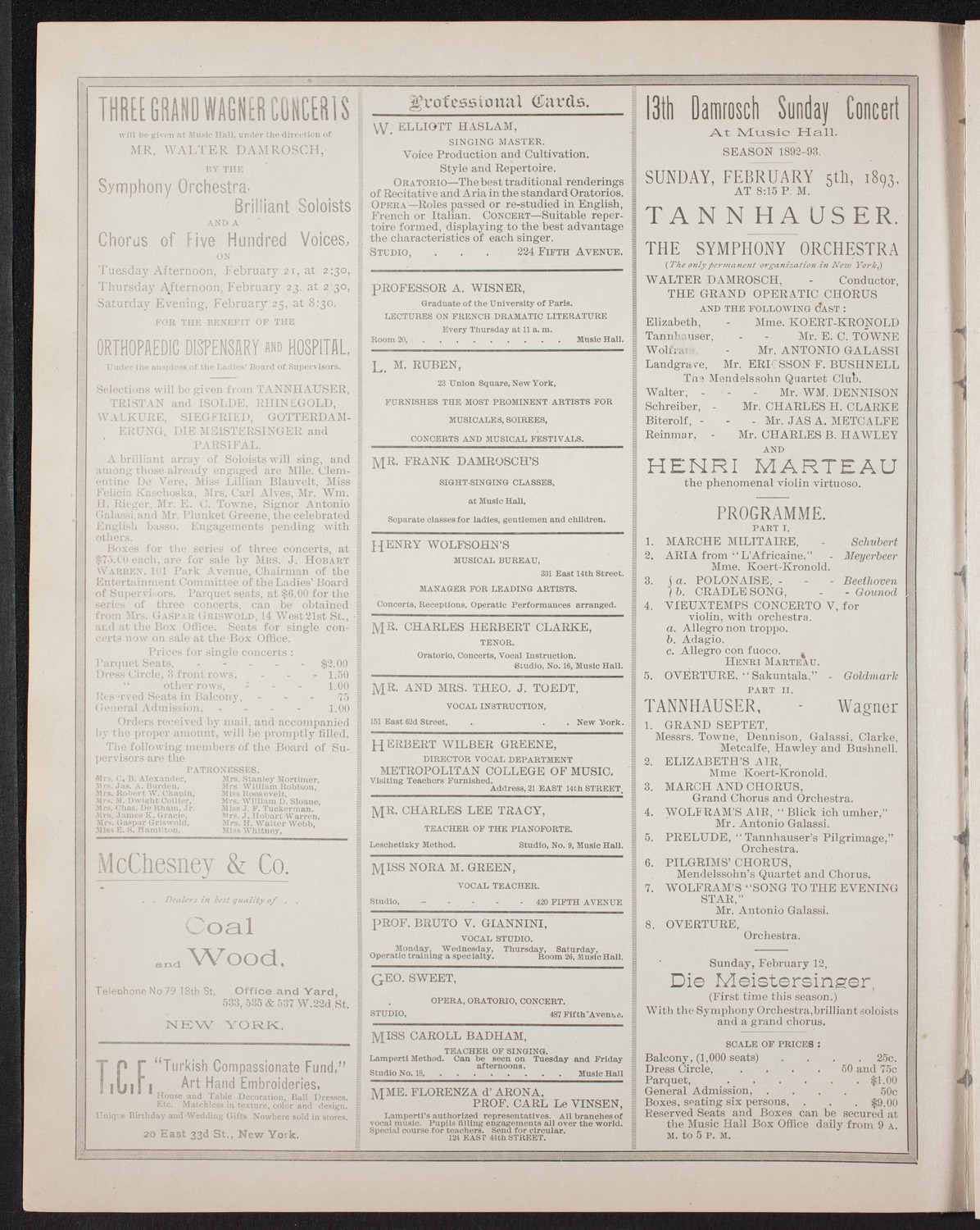 Opera: L'amico Fritz, January 31, 1893, program page 2