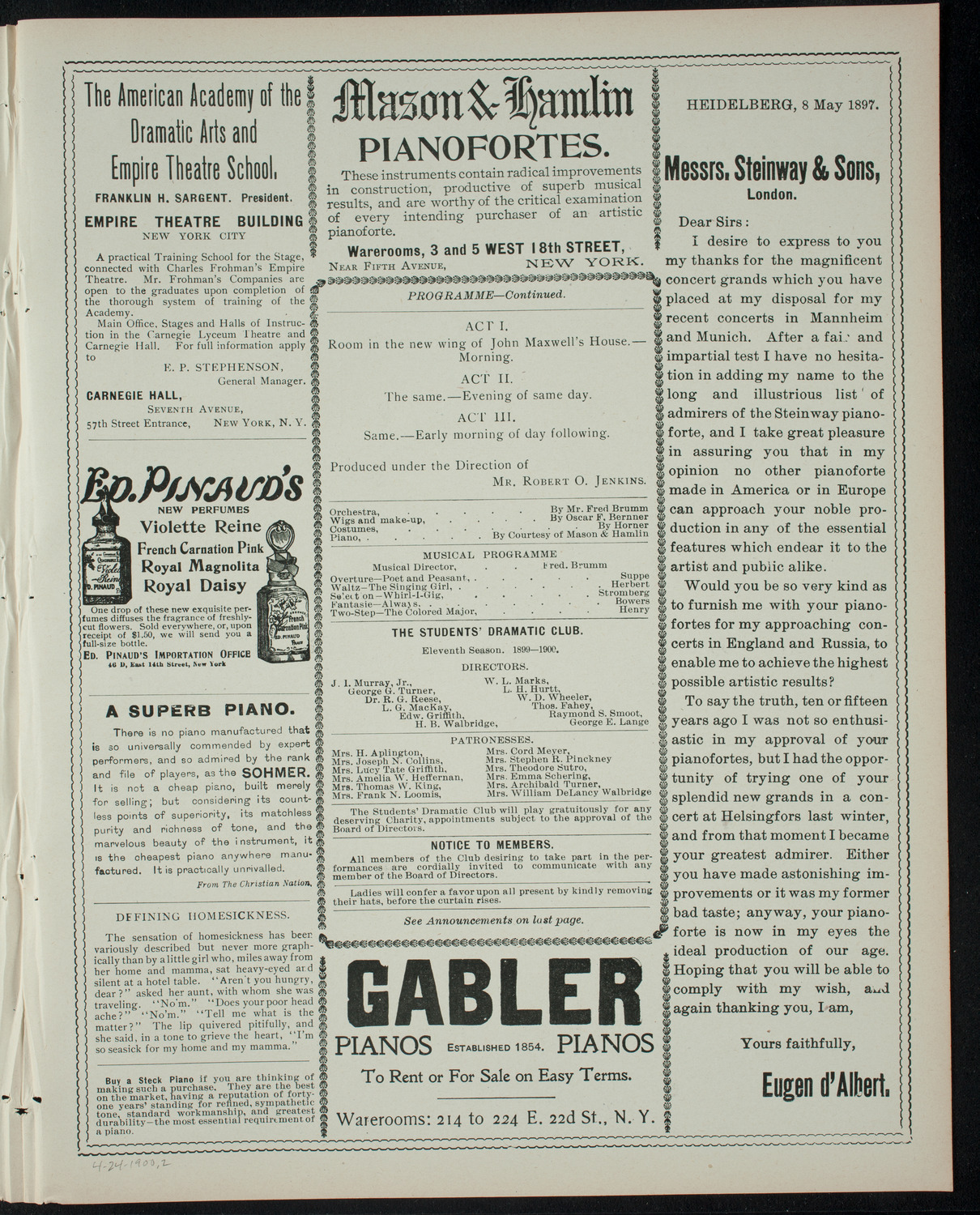 The Students' Dramatic Club, April 24, 1900, program page 3