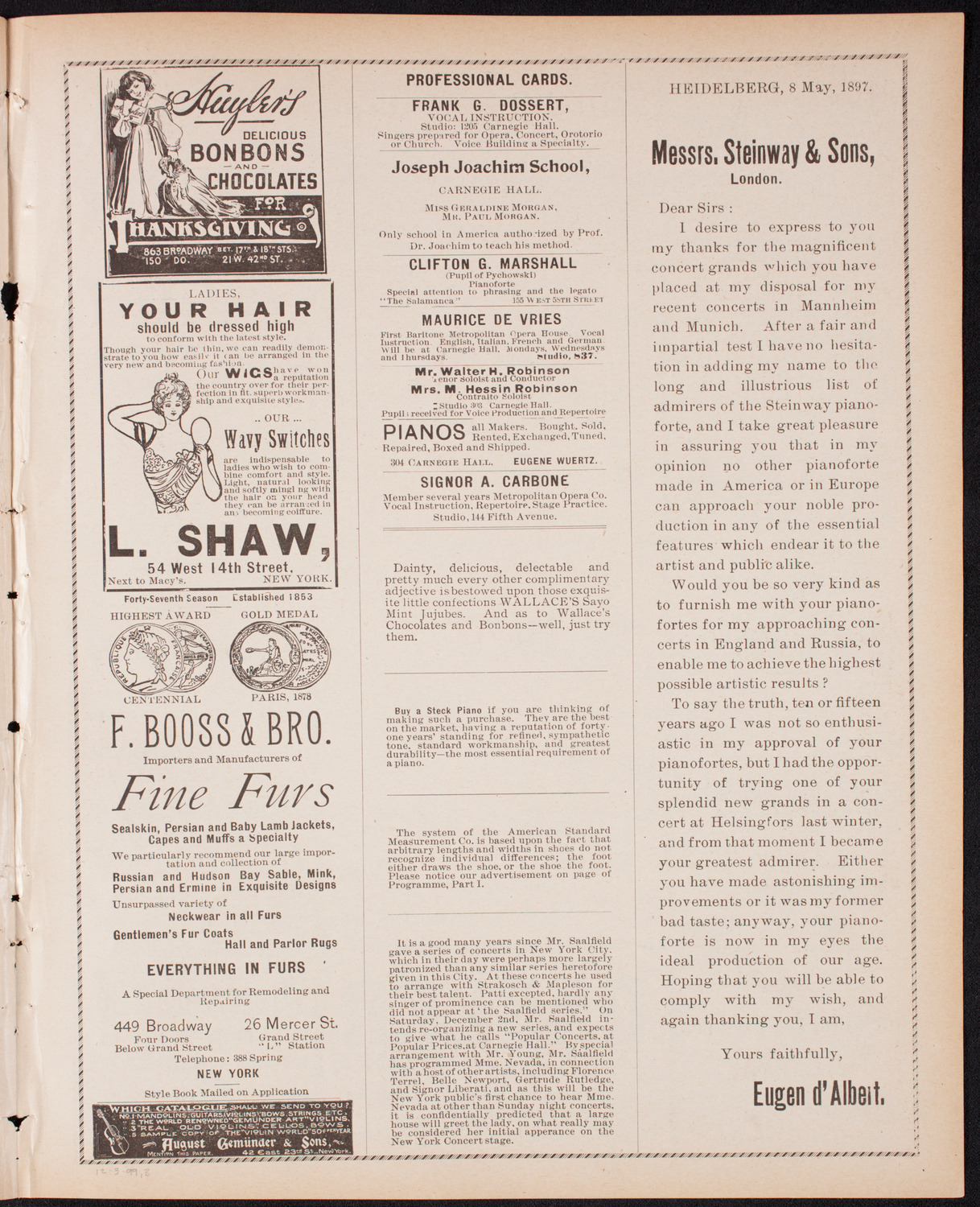 Kaltenborn Orchestra, December 3, 1899, program page 5