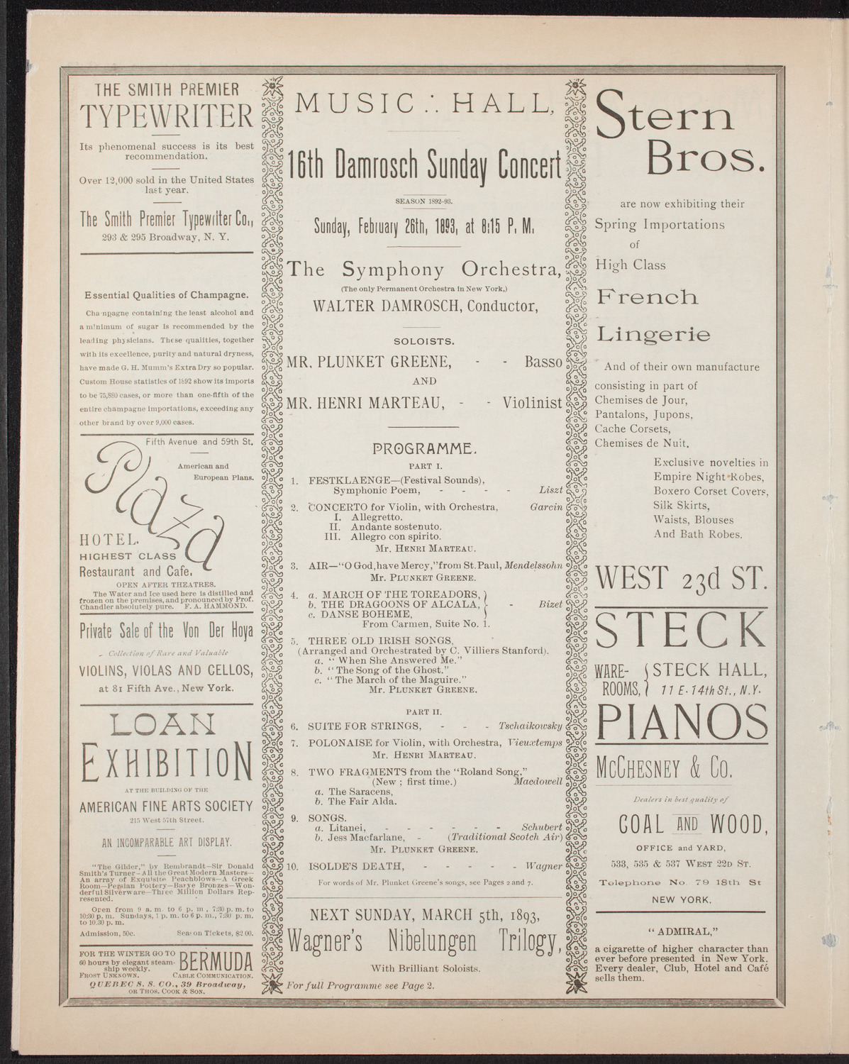Damrosch Sunday Concert, February 26, 1893, program page 4