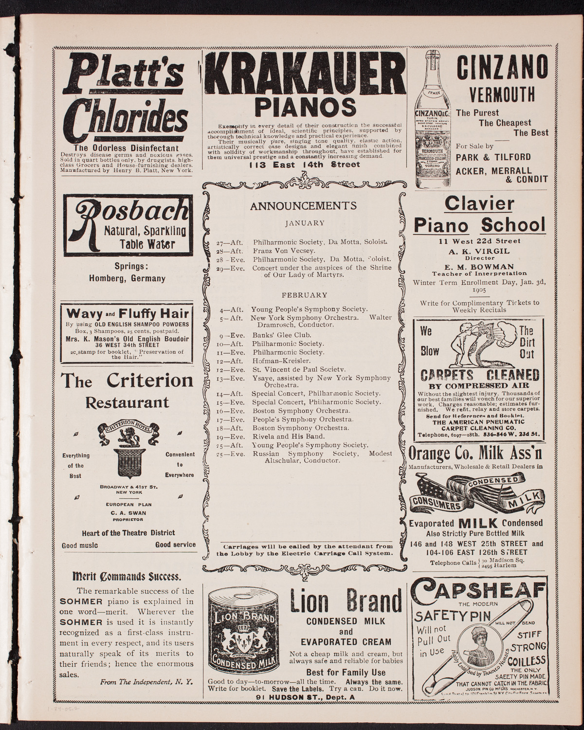 Eugène Ysaÿe and Eugen d'Albert with the New York Symphony Orchestra, January 24, 1905, program page 3