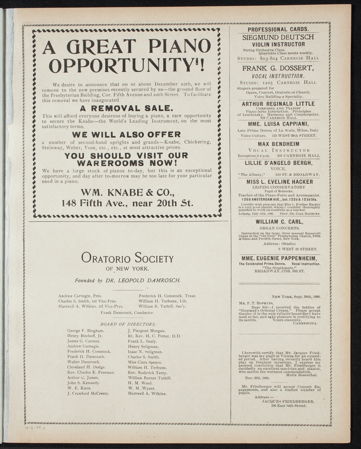 Paur Symphony Orchestra - Sunday Night Popular Concert, December 4, 1898, program page 7