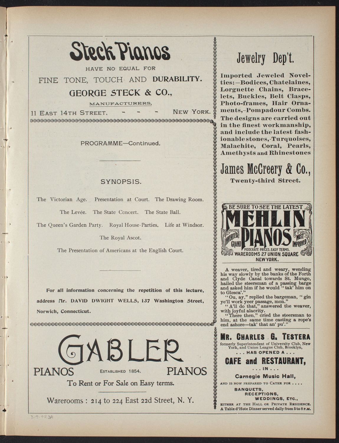 Lecture by David Dwight Wells, March 9, 1897, program page 5