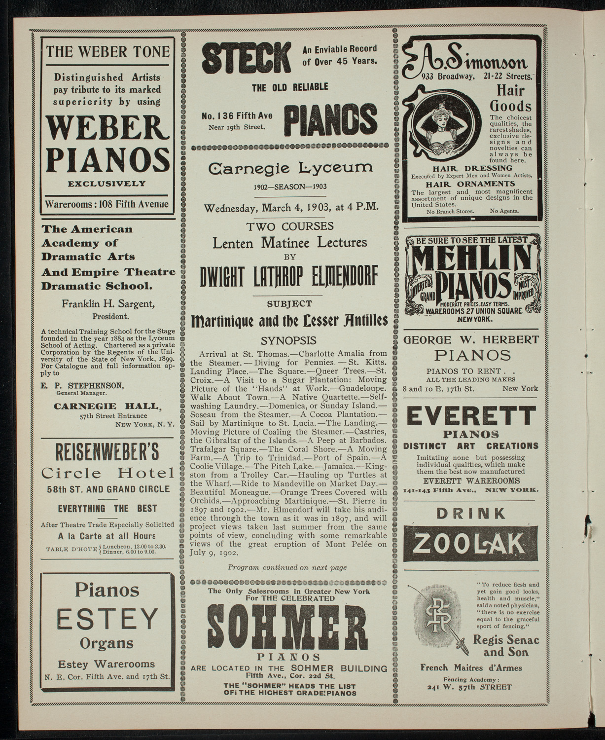 Elmendorf Lecture: Martinique and the Lesser Antilles, March 4, 1903, program page 2