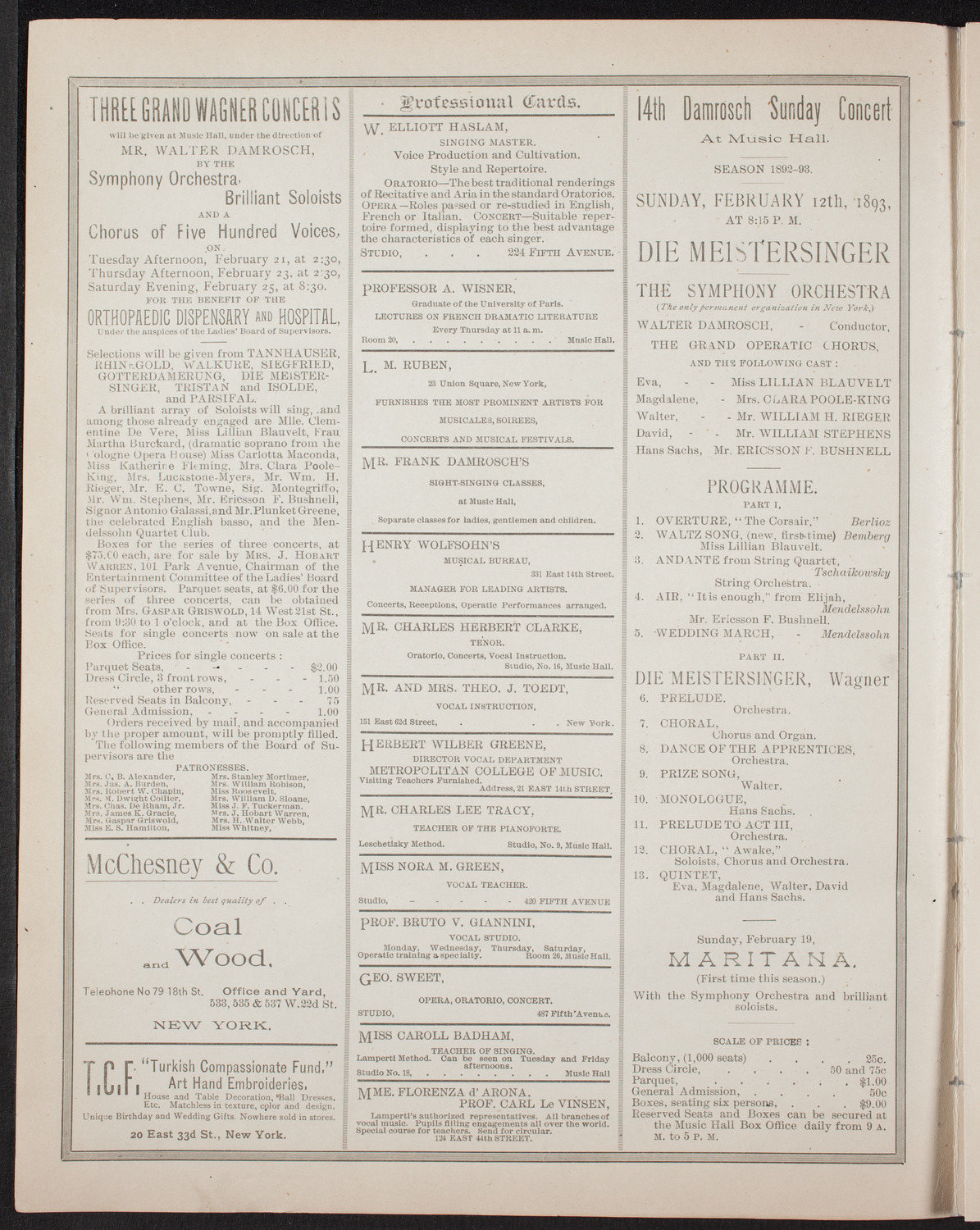 Damrosch Sunday Concert, February 5, 1893, program page 2