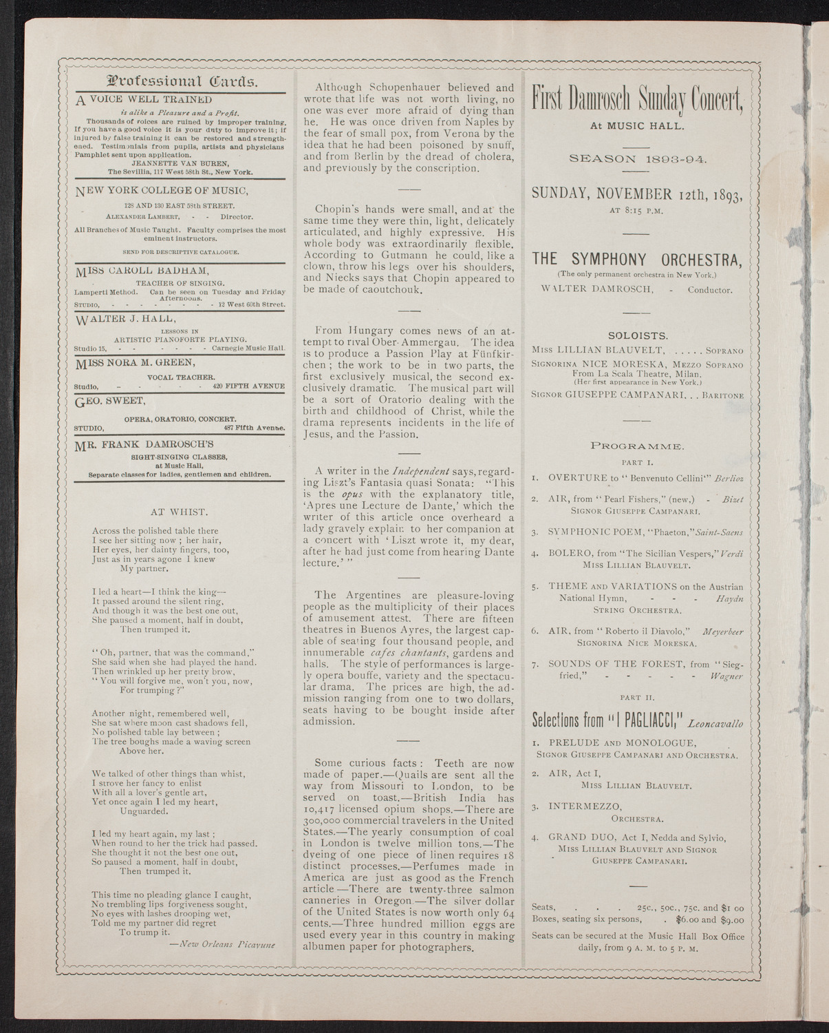 New York Symphony Orchestra, November 11, 1893, program page 2