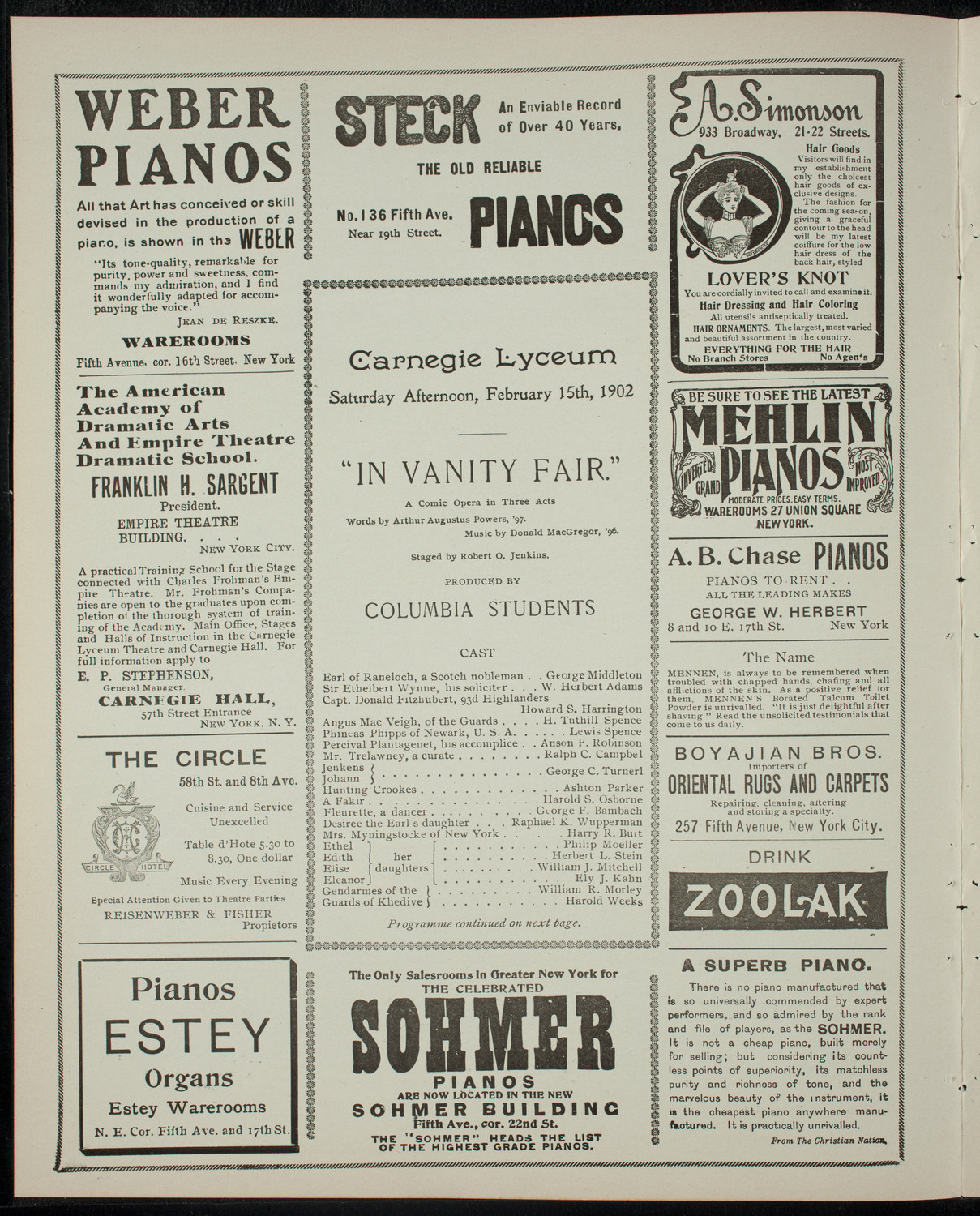 Columbia University Varsity Show, February 15, 1902, program page 2