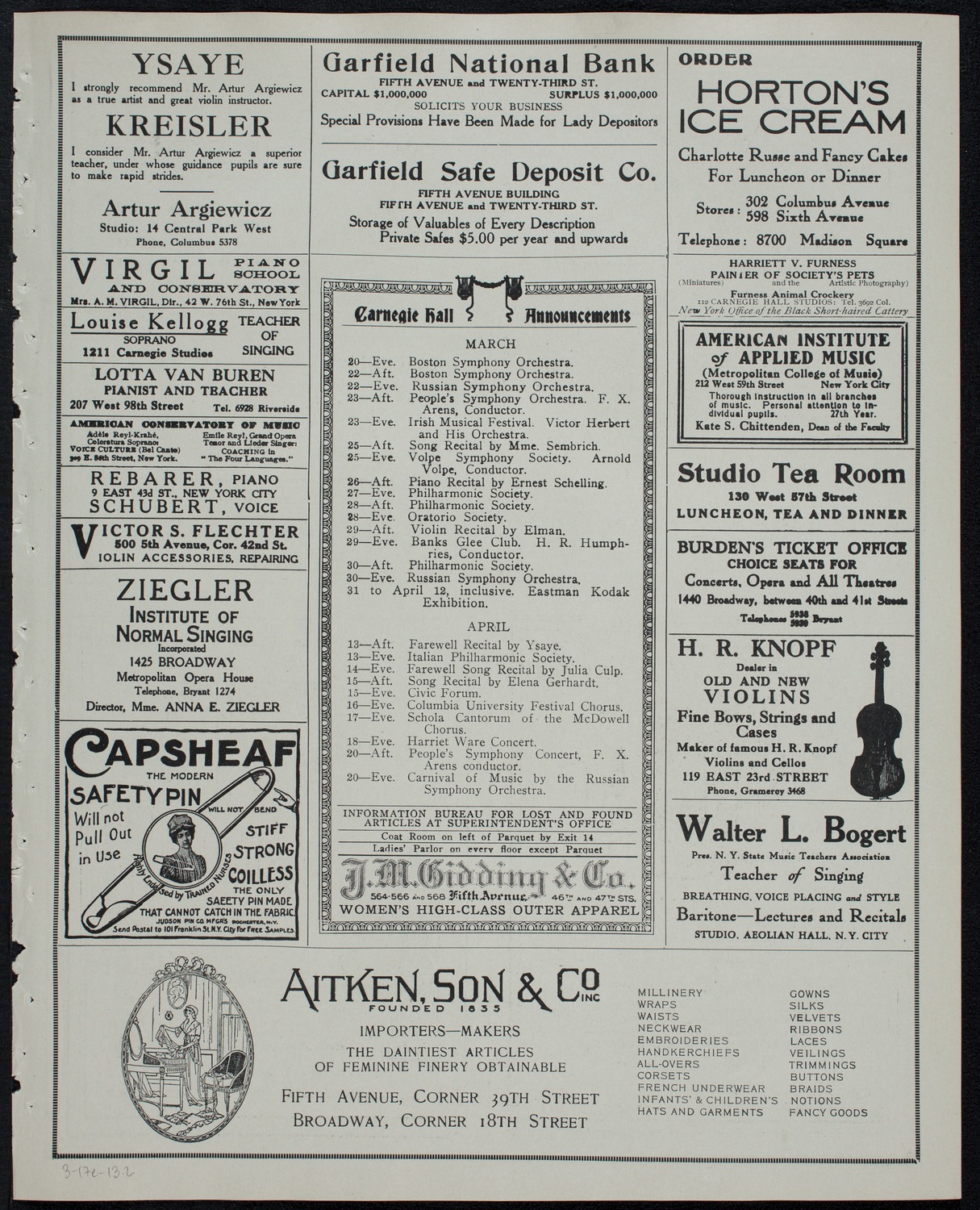 John McCormack, Tenor, March 17, 1913, program page 3