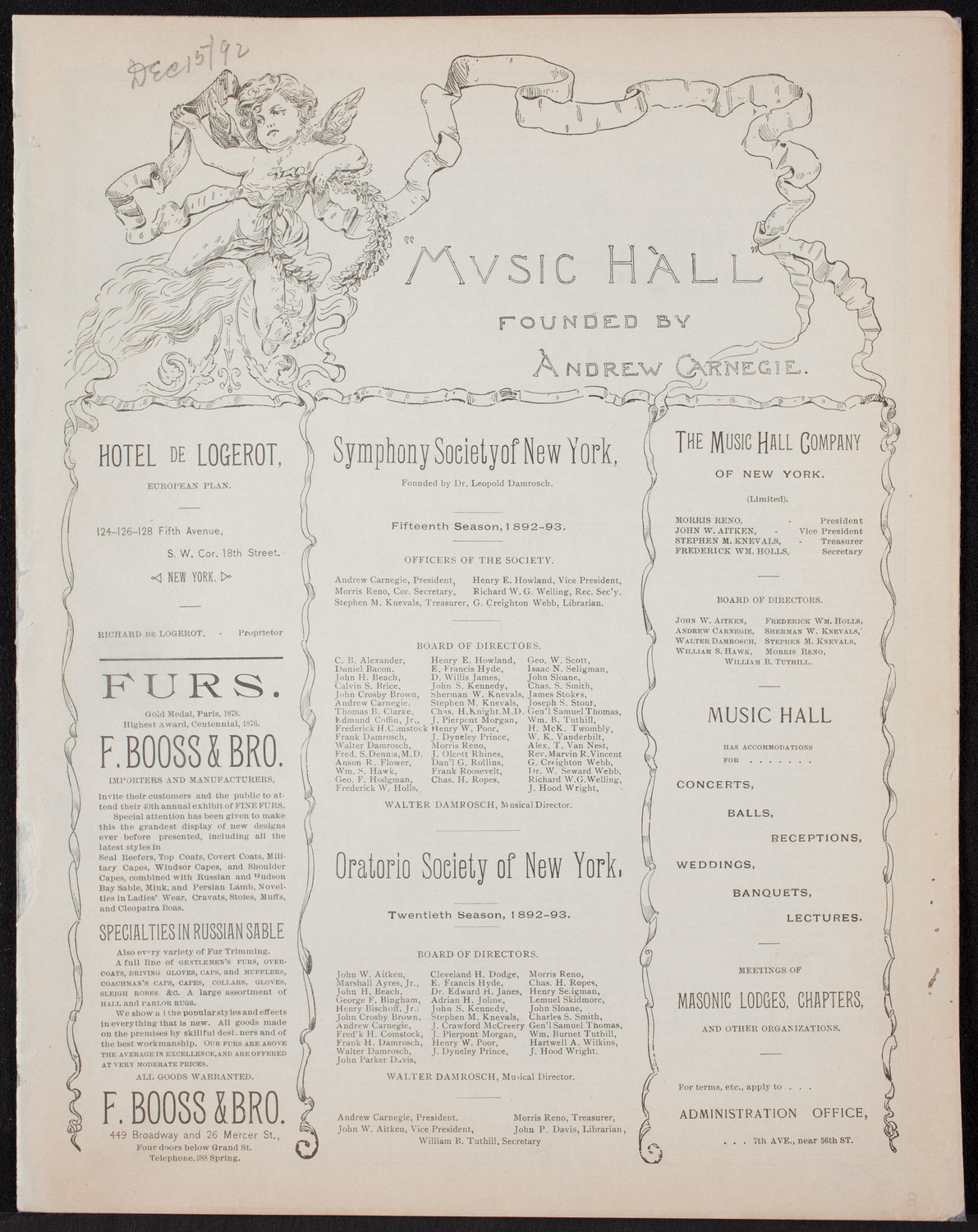 Music and Readings, December 15, 1892, program page 1