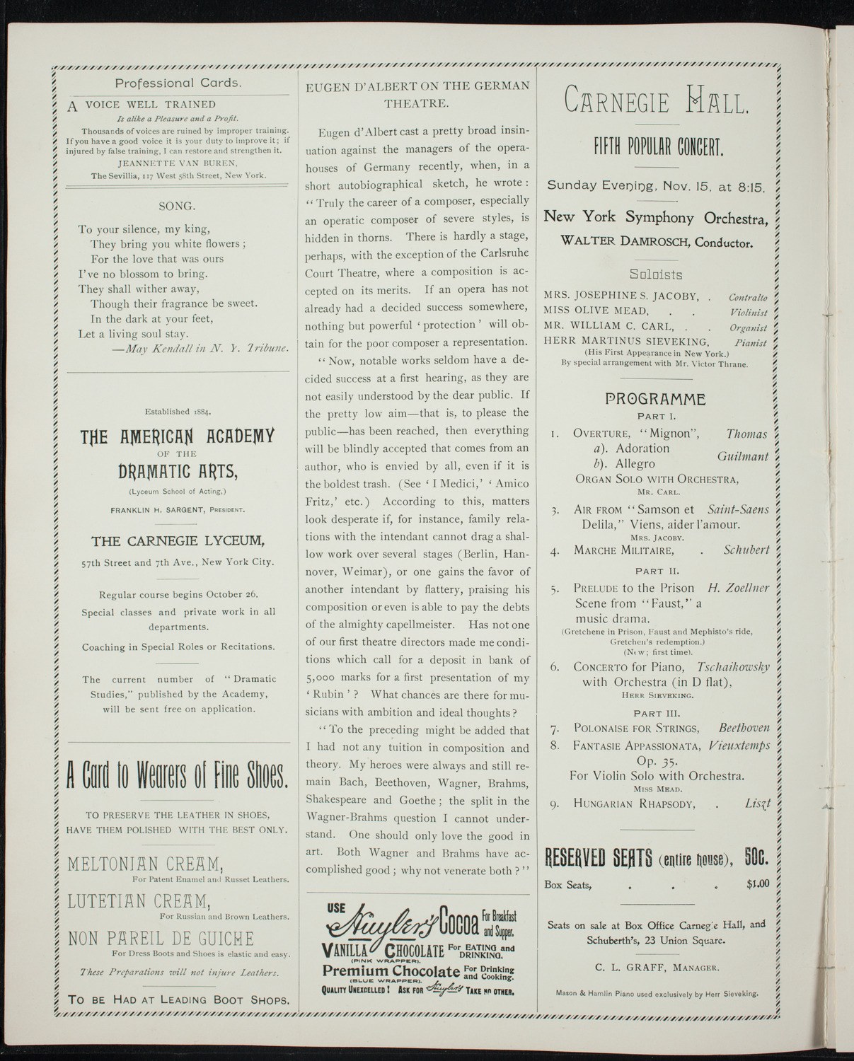 New York Philharmonic, November 13, 1896, program page 2