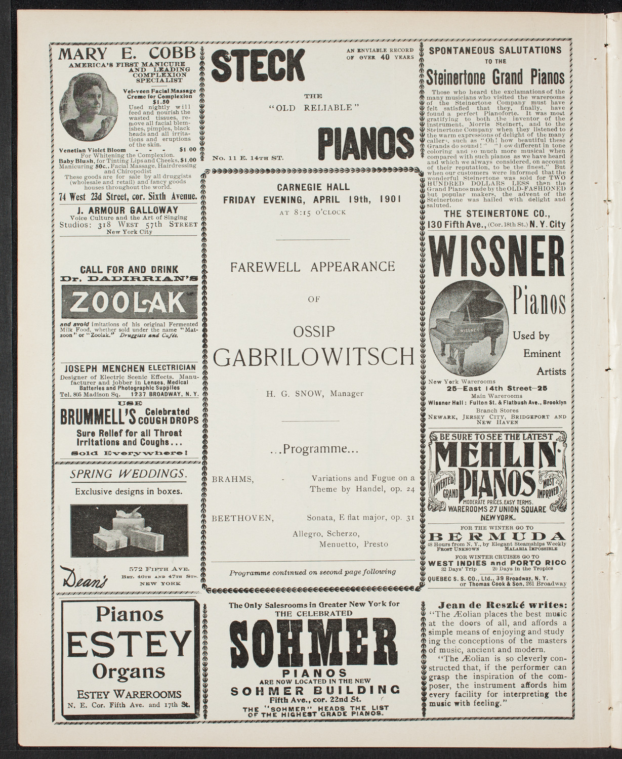 Ossip Gabrilowitsch, Piano, April 19, 1901, program page 4
