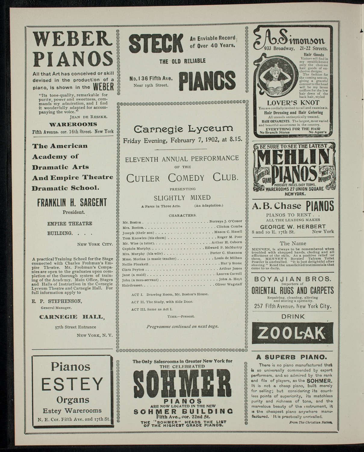 Eleventh Annual Performance of the Cutler Comedy Club, February 7, 1902, program page 2