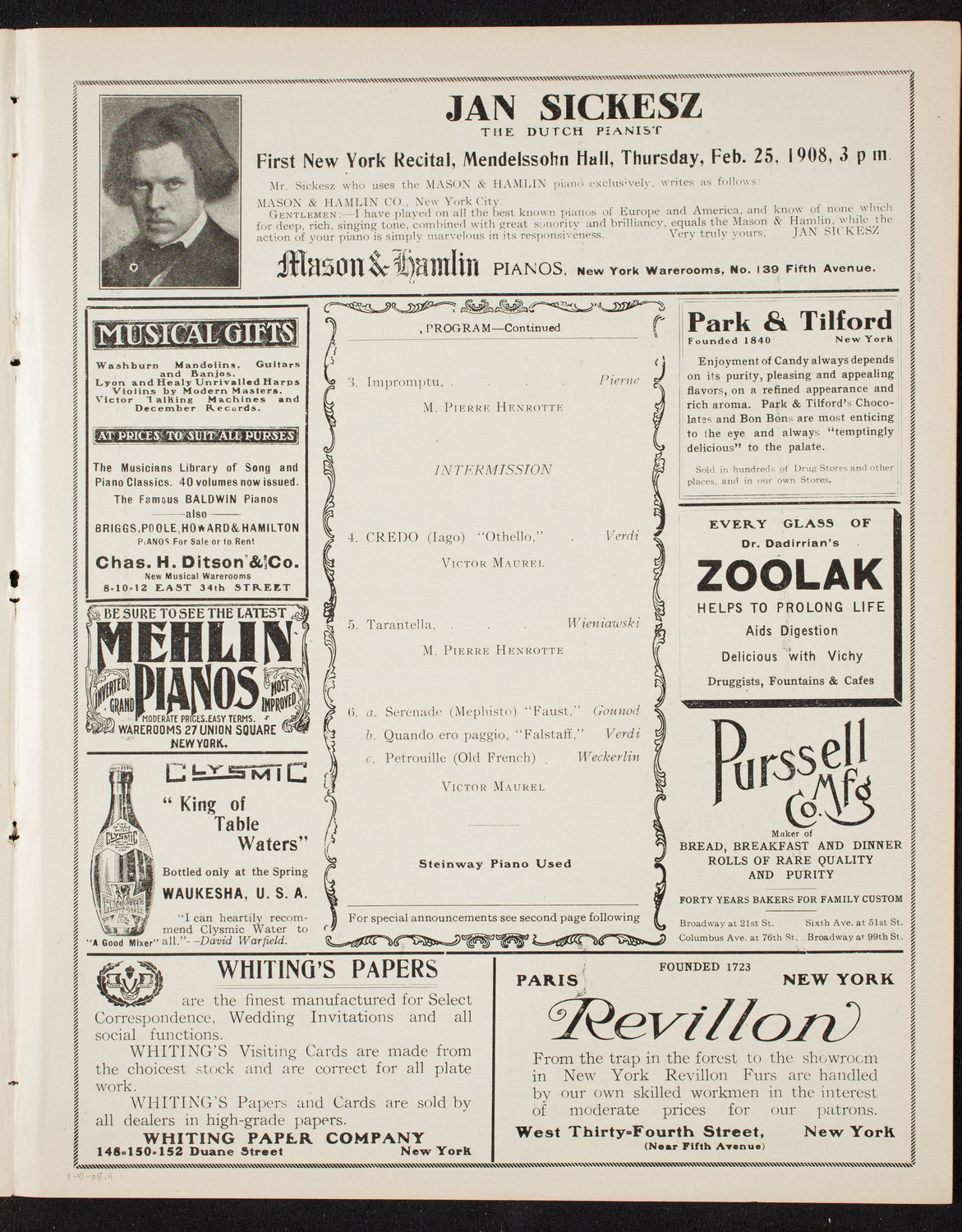 Victor Maurel, Baritone, January 5, 1908, program page 7