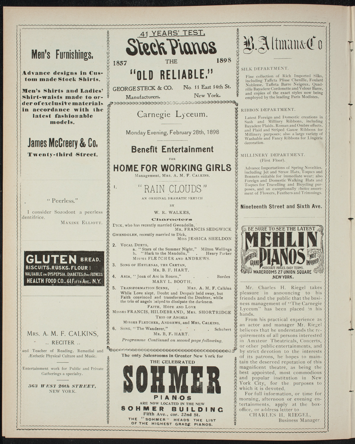 Benefit: Home for Working Girls, February 28, 1898, program page 4