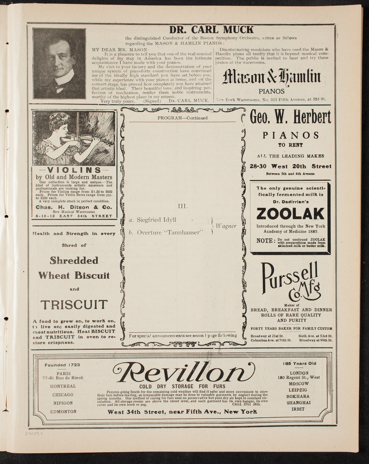 Gustav Mahler and New York Philharmonic, March 31, 1909, program page 7