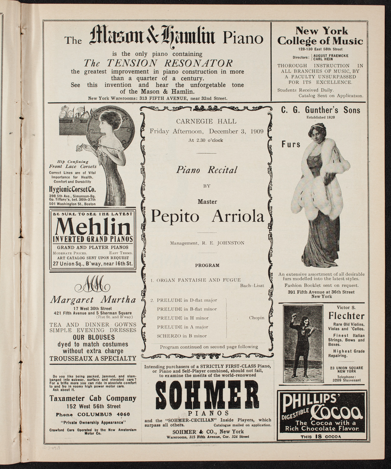 Pepito Arriola, Piano, December 3, 1909, program page 5