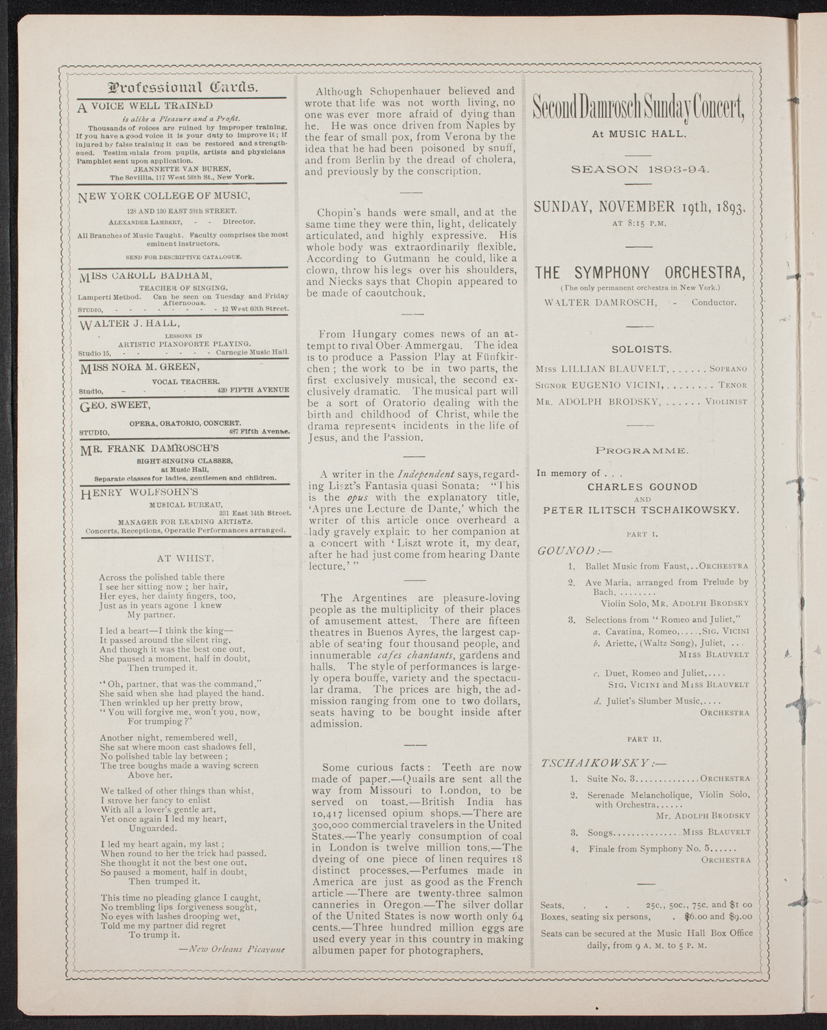 Damrosch Sunday Concert, November 12, 1893, program page 2