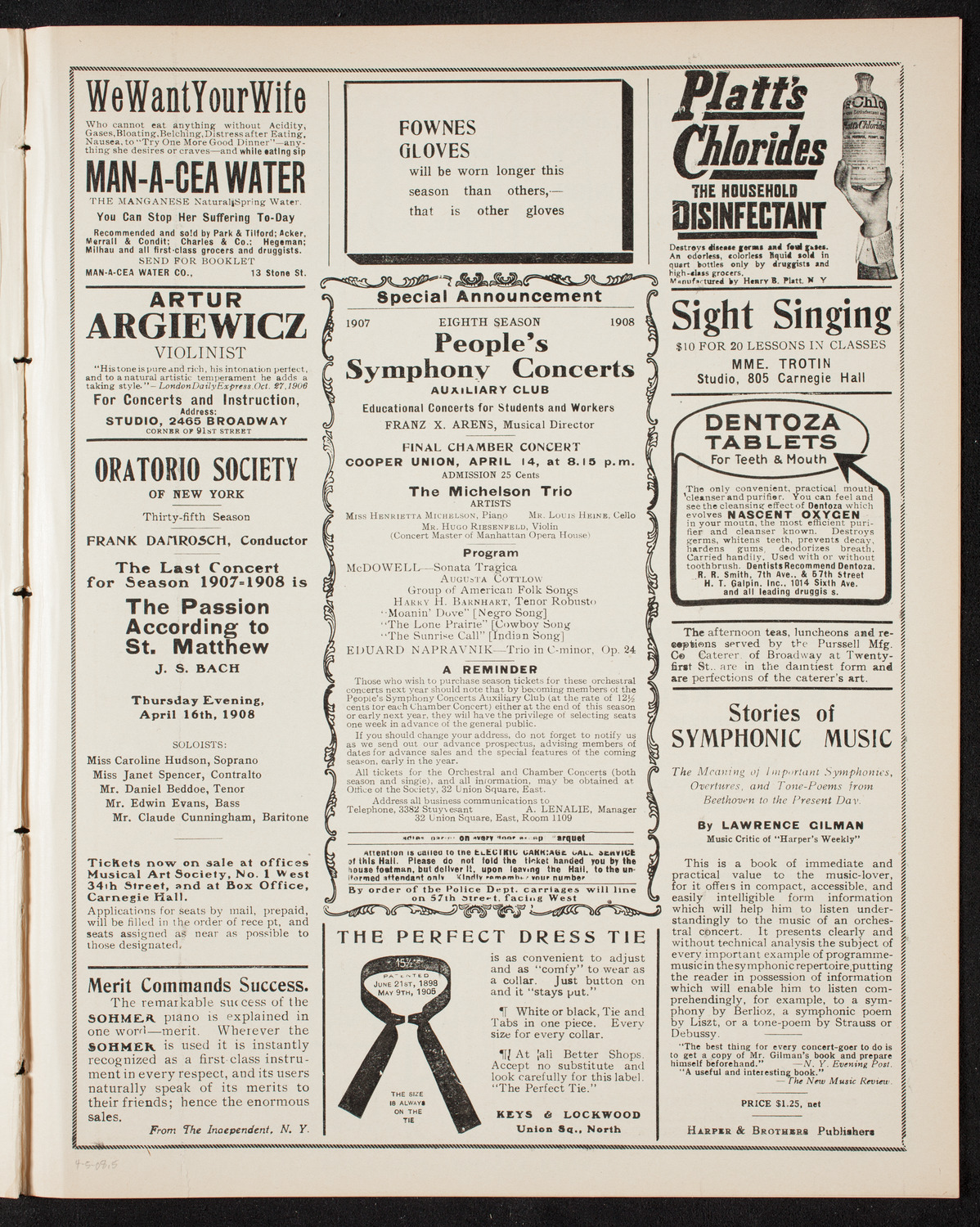 New York Symphony Orchestra: Beethoven Cycle, April 5, 1908, program page 9