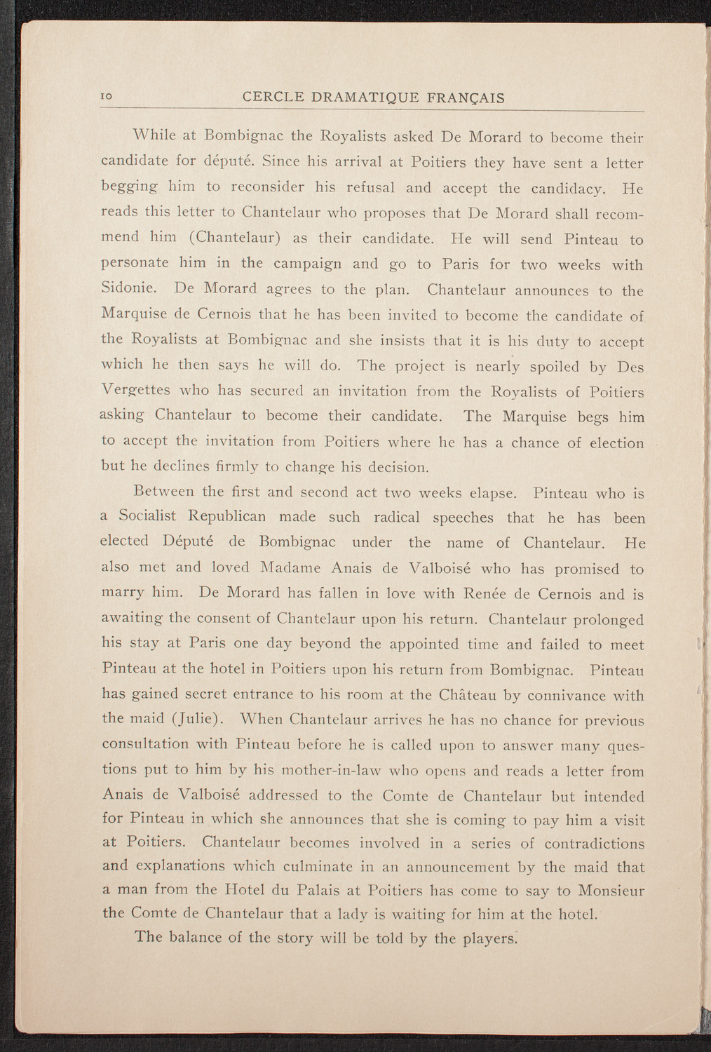 Cercle Dramatique de l'Alliance Française de New York, January 28, 1909, program page 10