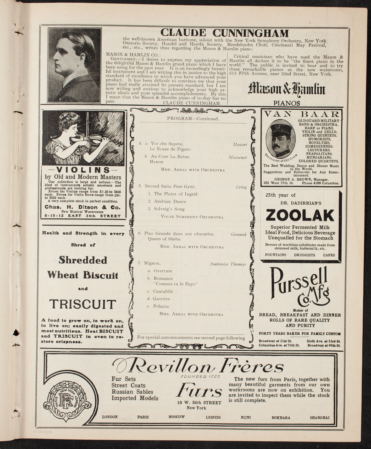 Blanche Arral with Volpe Symphony Orchestra, October 24, 1909, program page 7