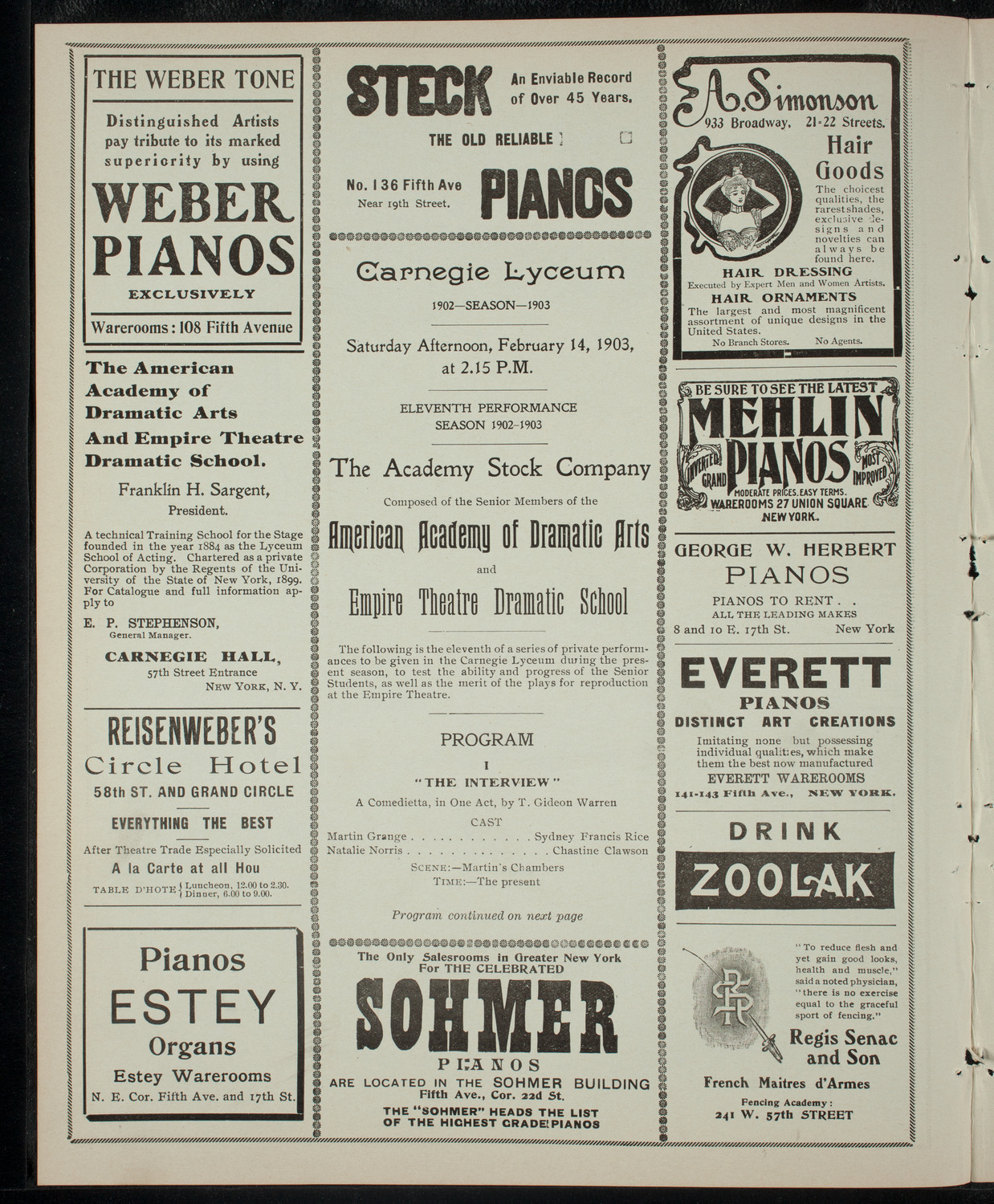 Academy Stock Company of the American Academy of Dramatic Arts/Empire Theatre Dramatic School, February 14, 1903, program page 2