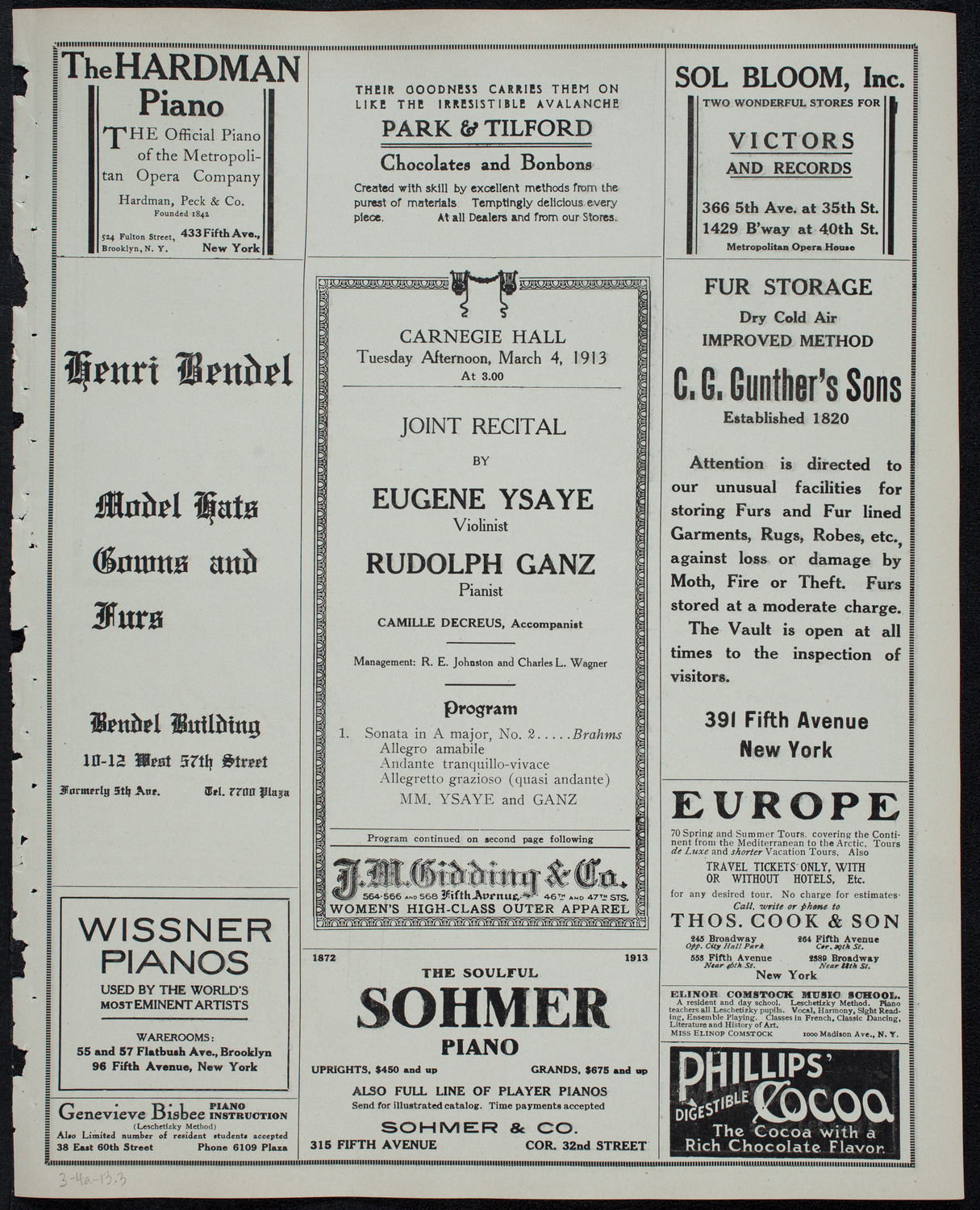 Eugène Ysaÿe, Violin, and Rudolph Ganz, Piano, March 4, 1913, program page 5