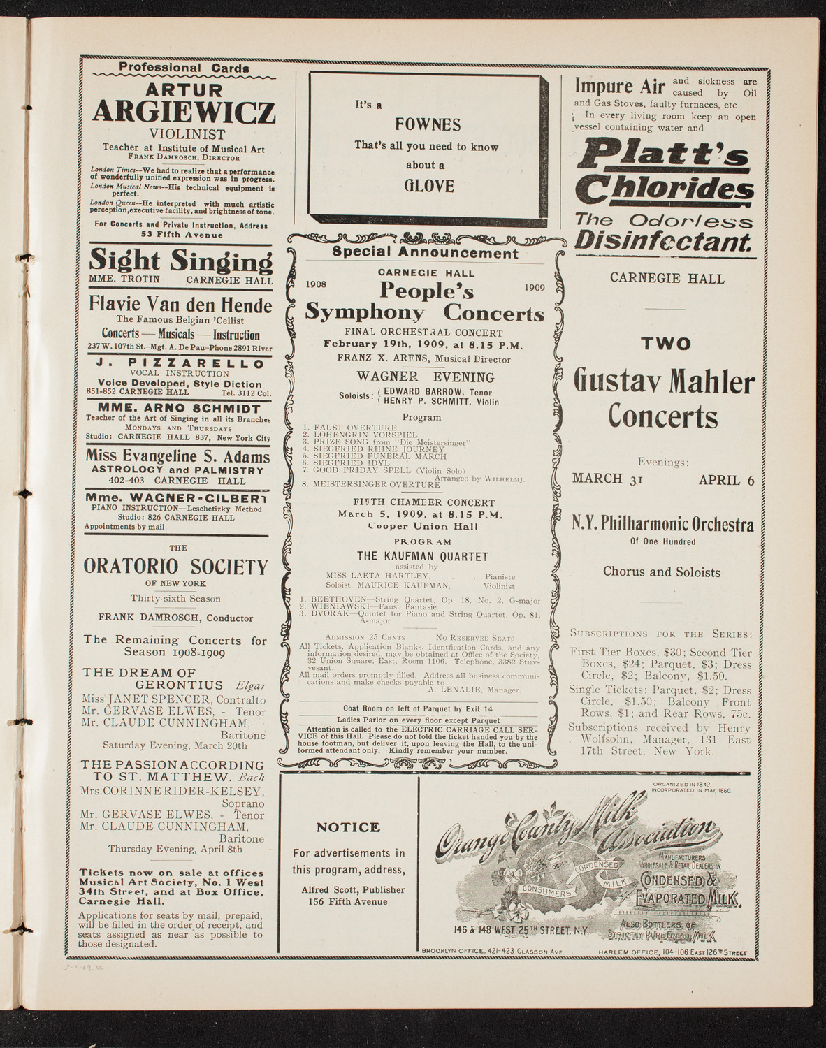 Russian Symphony Society of New York and The Ben Greet Players, February 11, 1909, program page 9