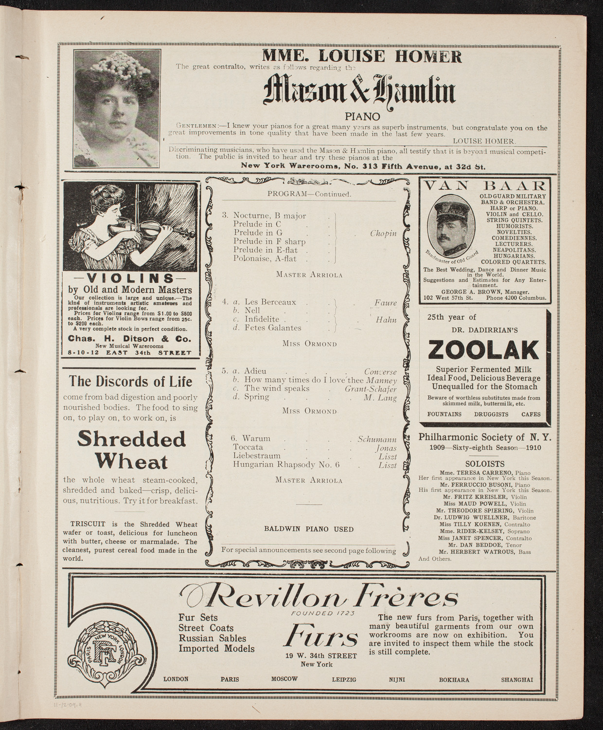 Pepito Arriola, Piano, November 12, 1909, program page 7