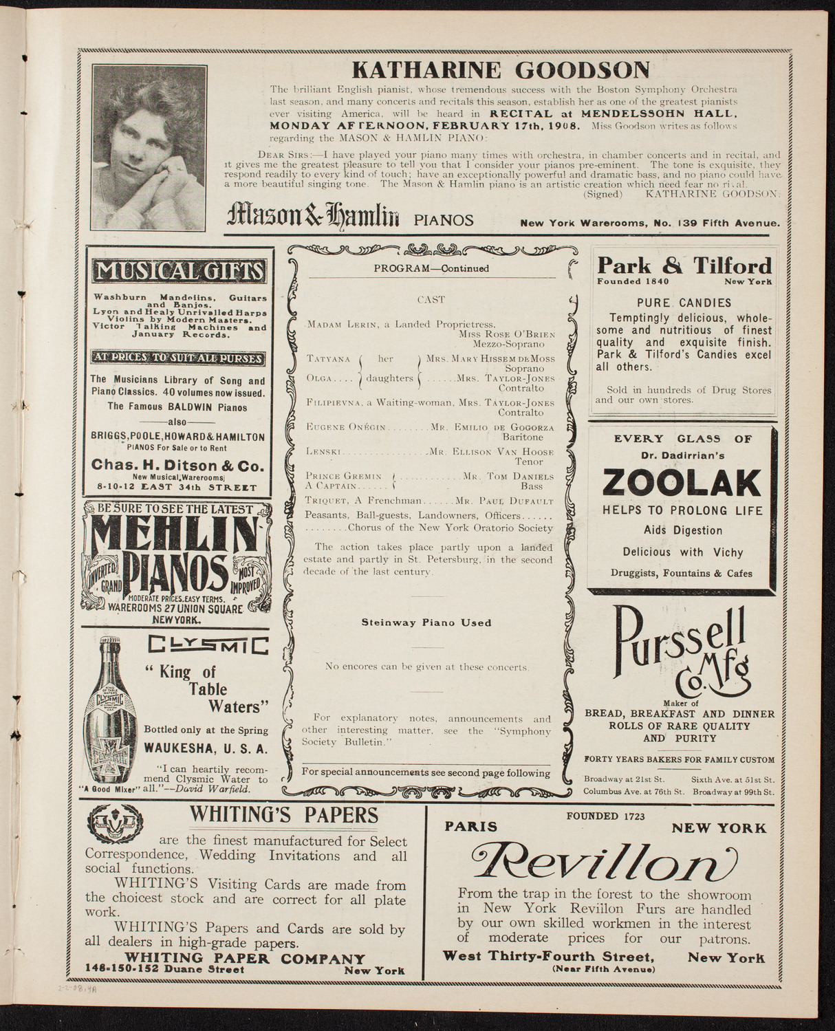 New York Symphony Orchestra, February 2, 1908, program page 7