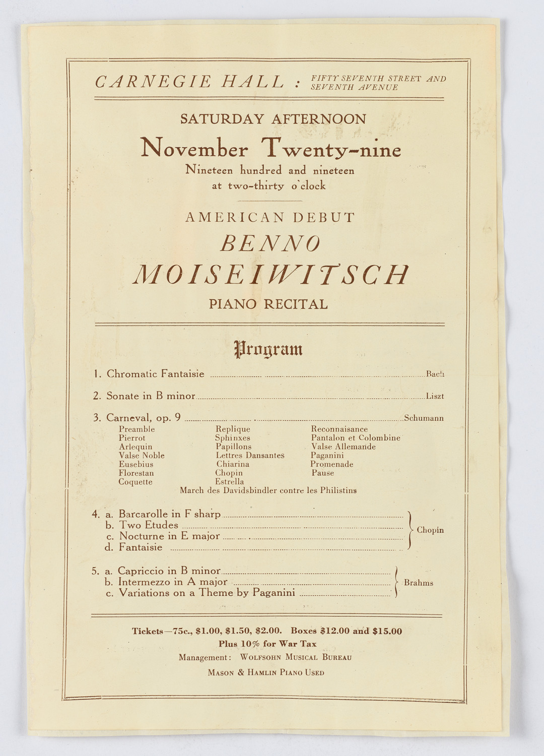 Benno Moiseiwitsch, November 29, 1919