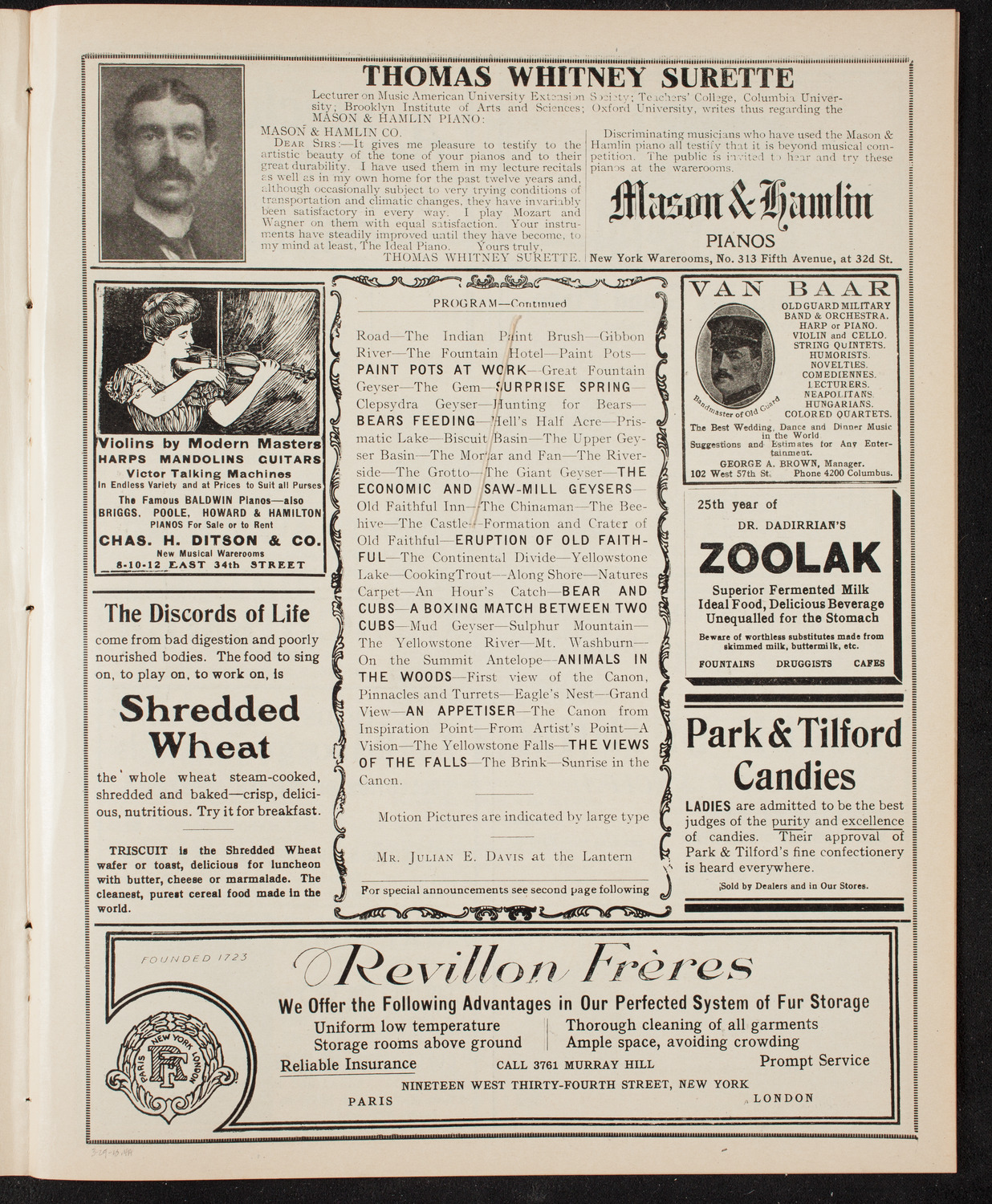 Elmendorf Lecture: Yellowstone Park/ Benefit: St. Andrew's Convalescent Hospital, March 29, 1910, program page 7