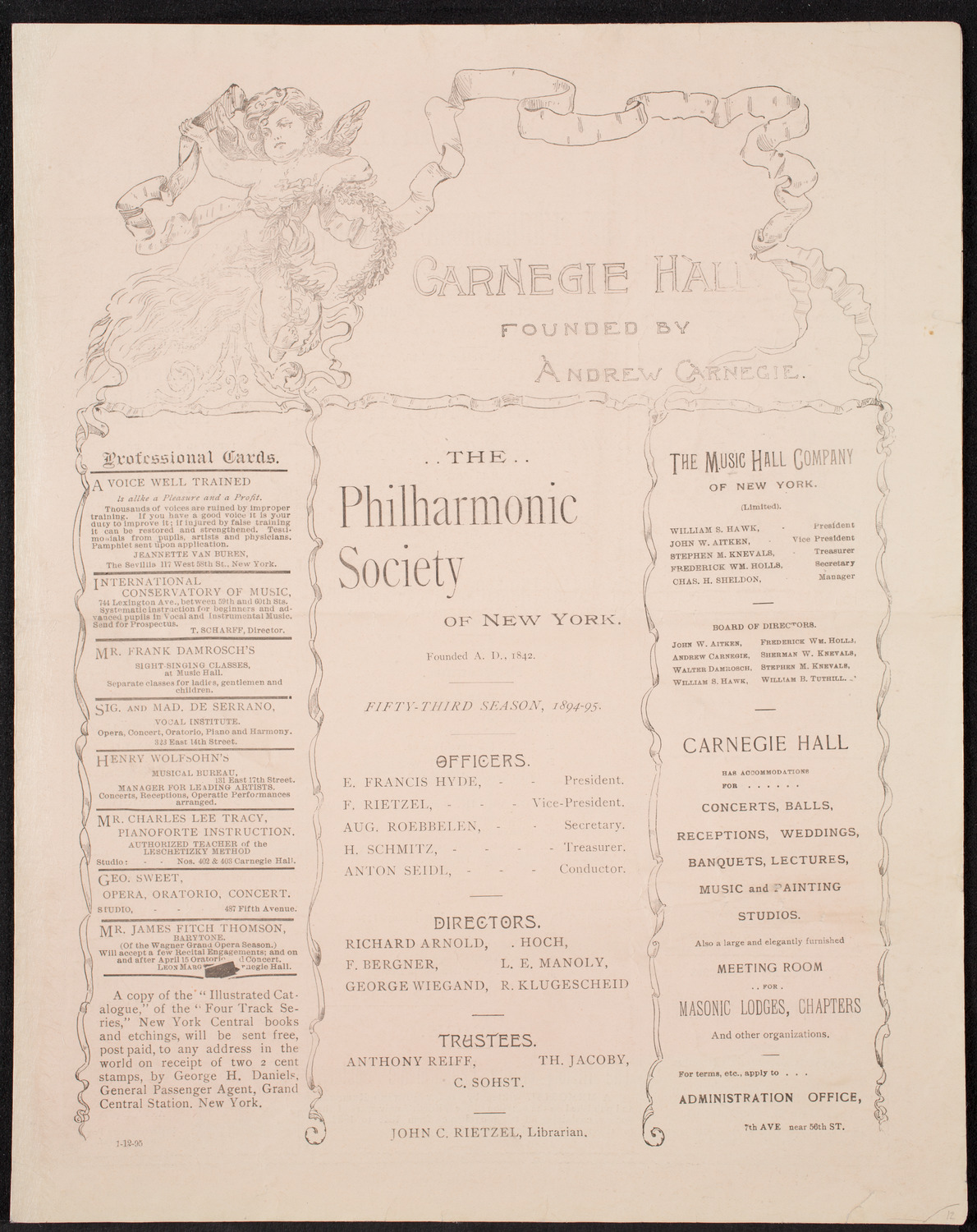New York Philharmonic, January 12, 1895, program page 1
