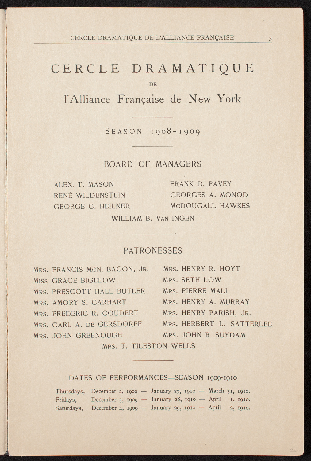 Cercle Dramatique de l'Alliance Française de New York, March 25, 1909, program page 3